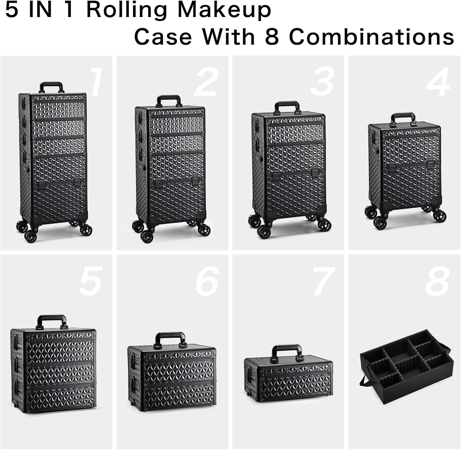 Yueieoun 5 in 1 Makeup Train Case, Cosmetology Case on Wheels Travel Make up Case Rolling Nail Cart Makeup Organizer Cosmetic Storage Box Cases Extra Large Trolley Truck with 360° Swivel Wheels, Black - Image 5