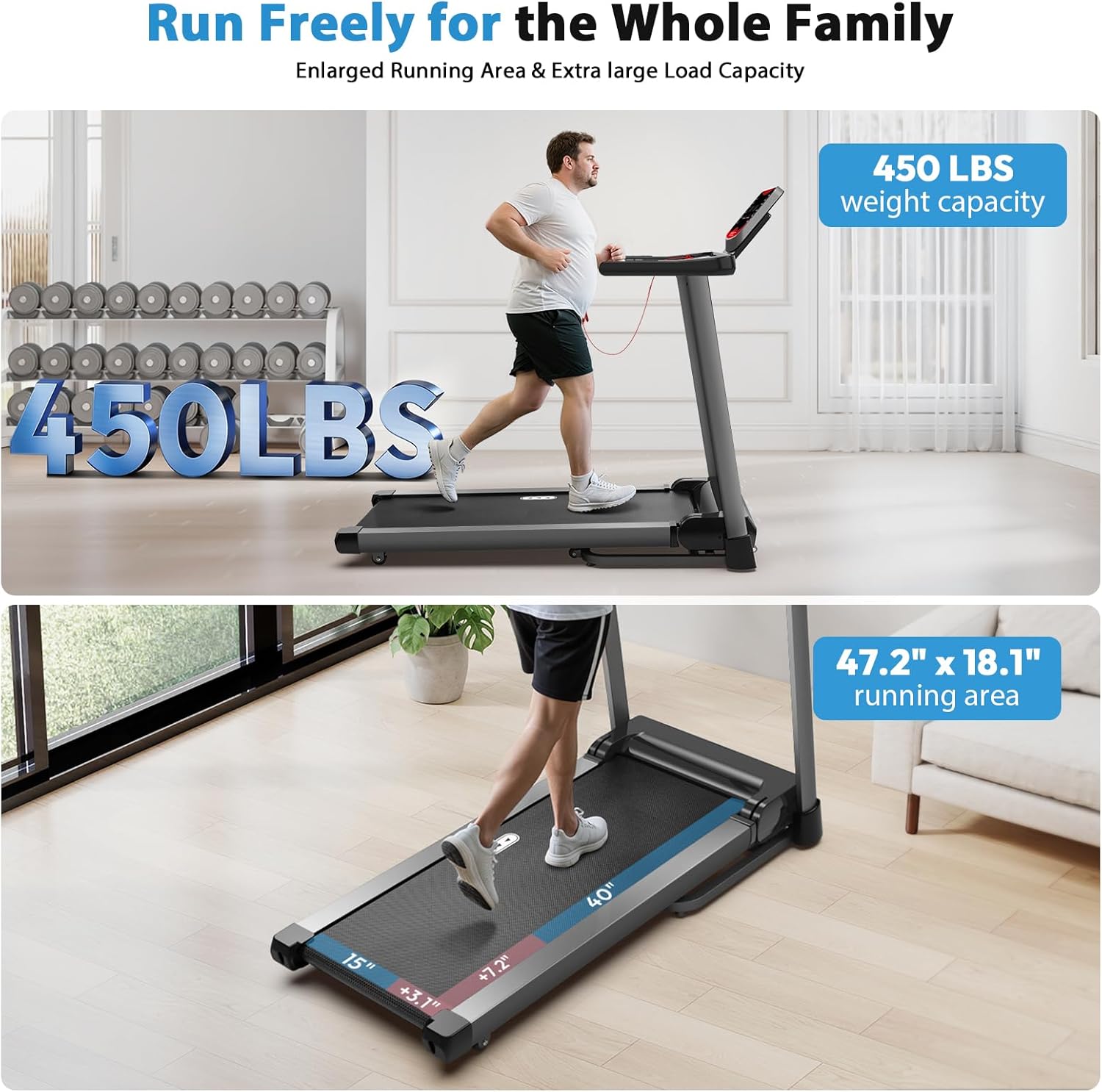 CIIHI Treadmill with Auto Incline - 450 LBS Capacity 15% Auto Incline Treadmill for Home, 0.5-10 MPH Foldable Running Machine with 47.2”x18.1” Belt, APP, Speaker, Speed & Incline Quick Button - Image 2