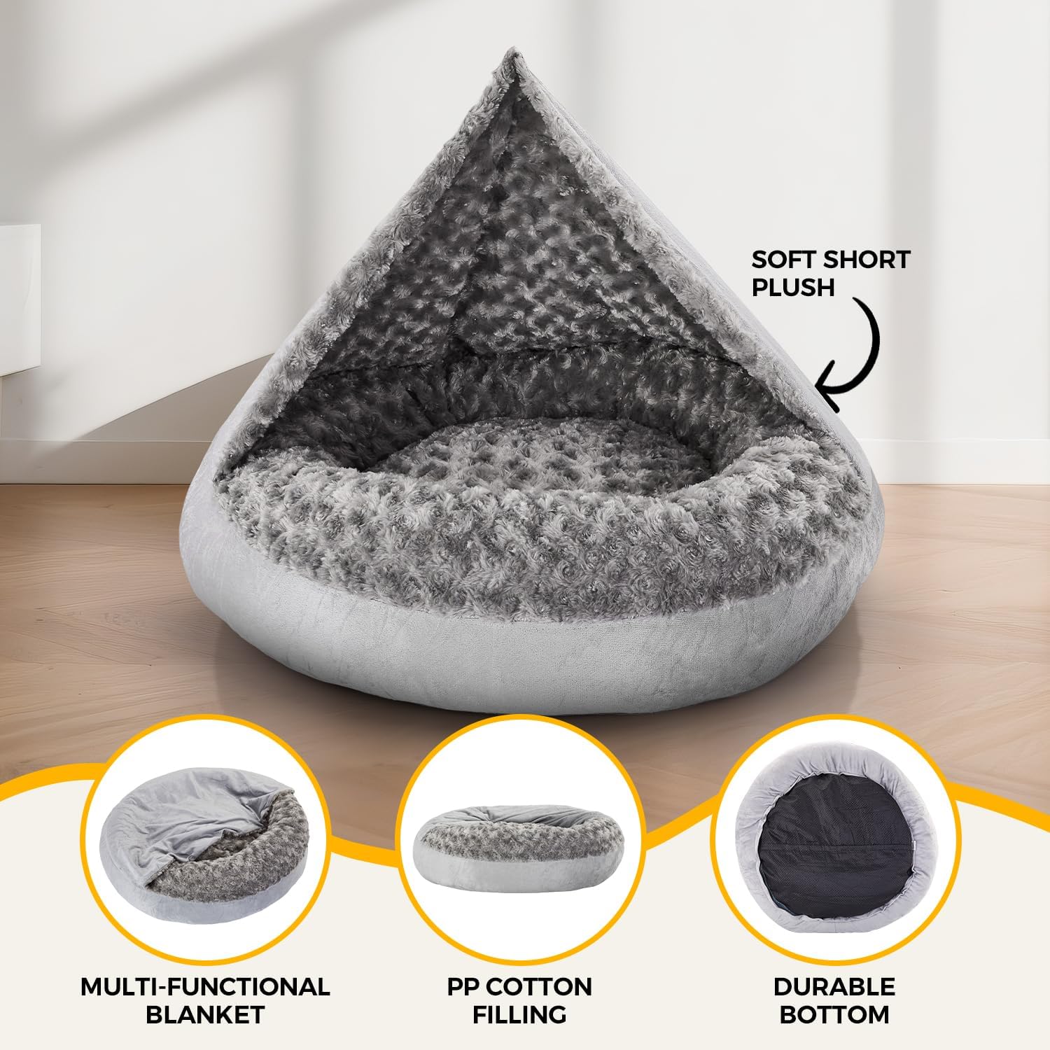 Cave Dog Bed with Blanket Easy to Assemble Donut Round Plush Cozy Cat Pet Bed for Puppy Machine Washable Removable Cover Cat Anti-Slip Bottom Gray 26X26X8 inch - Image 6