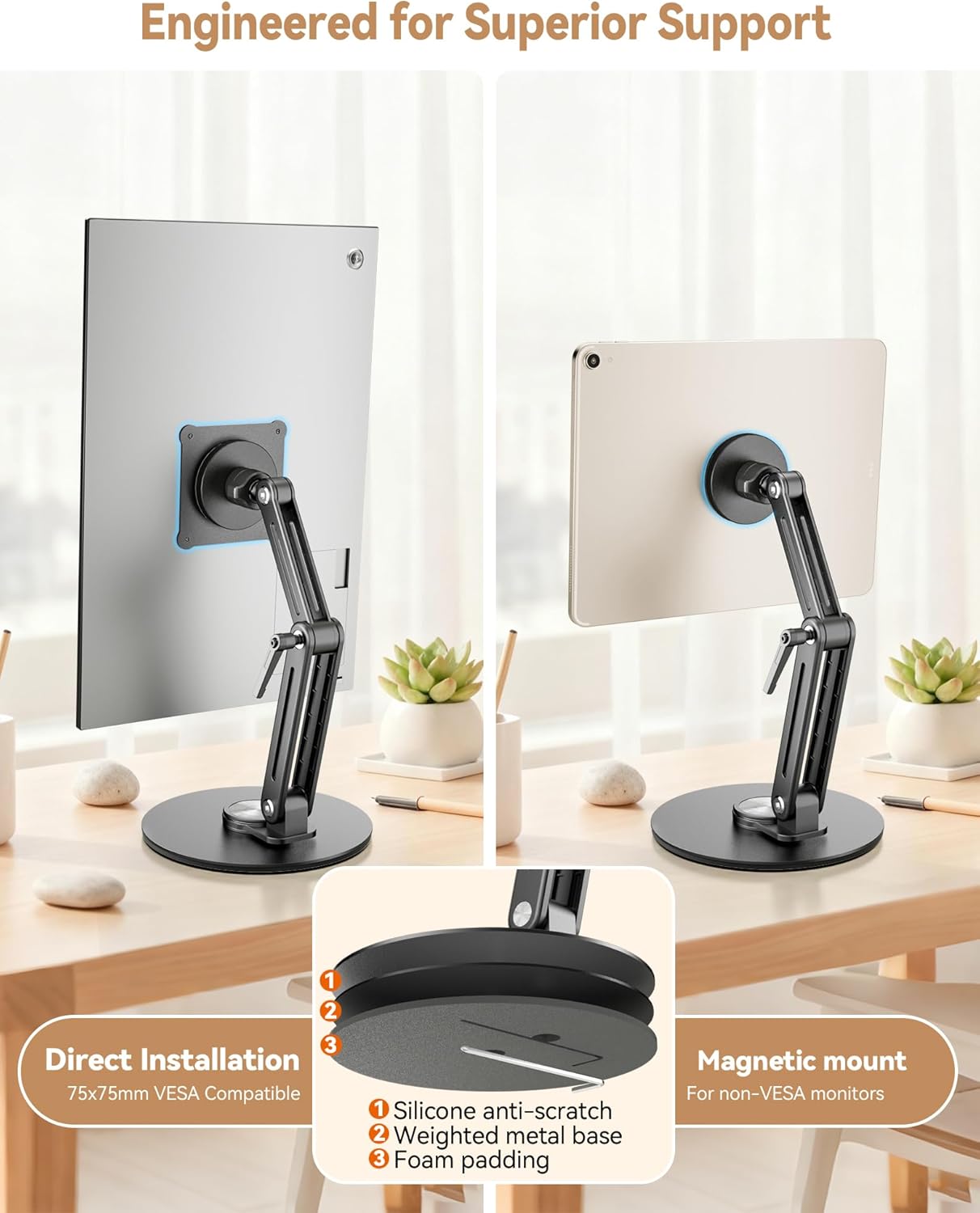 Jakeko Magnetic Portable Monitor Stand 15.6" - VESA Mount 75mm 13.3" 14.1" 15.6" 17.3" 18.5 inch Screen for Desk Adjustable Foldable 360° Swivel Tool-Free - Image 4