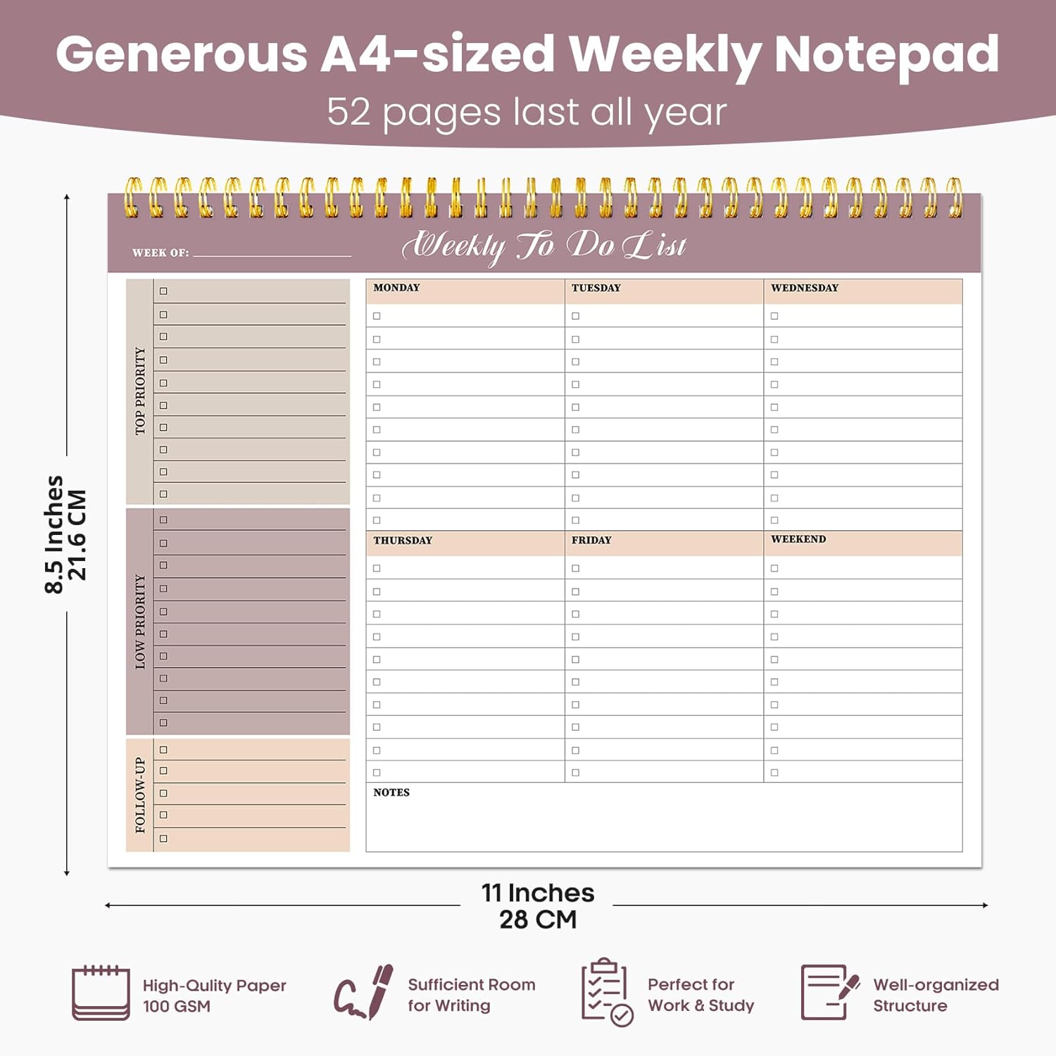 Weekly To Do List Notepad with 52 Undated Sheets(8.5"×11")- Undated Weekly Planner Notepad for Office Desk Accessories and Supplies - Midnight Lilac - Image 3