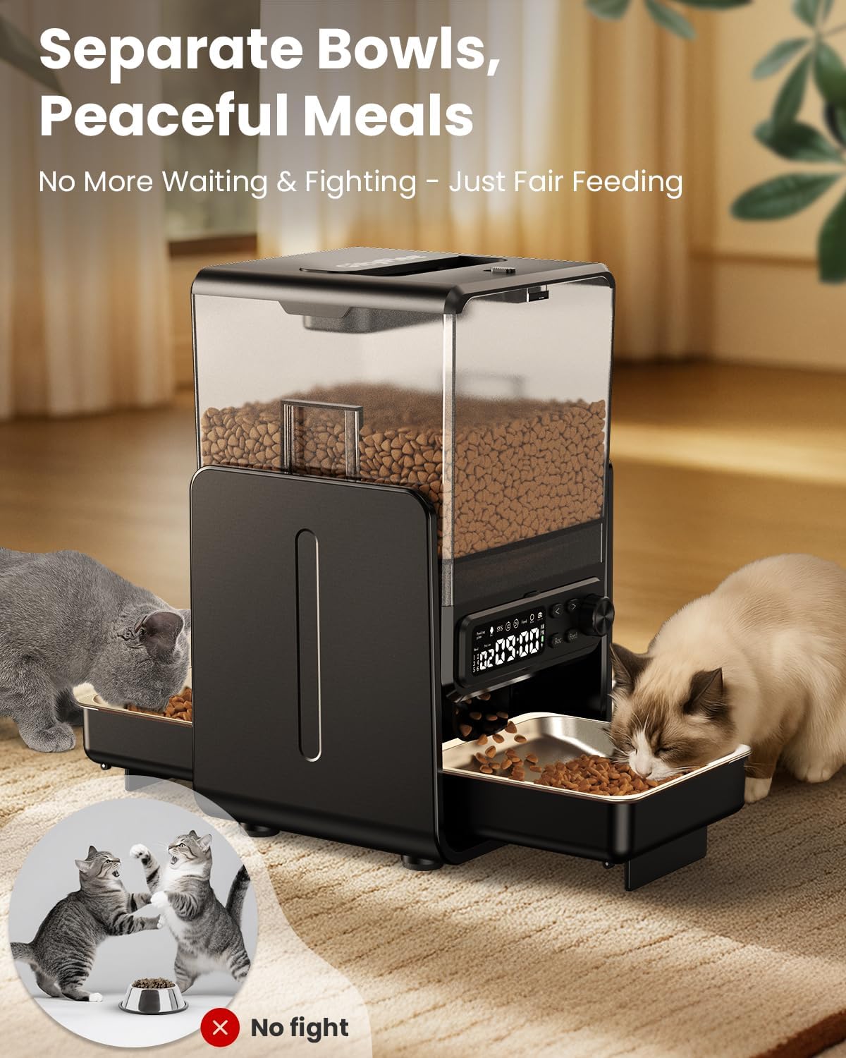 Automatic Cat Feeder for 2 Cats, 5L/20 Cups Food Dispenser with Adjustable Raised Double Bowls, Detachable Control Panel, Timed Cat and Dogs Feeder for Dry Food, Dual Power Supply - Image 2