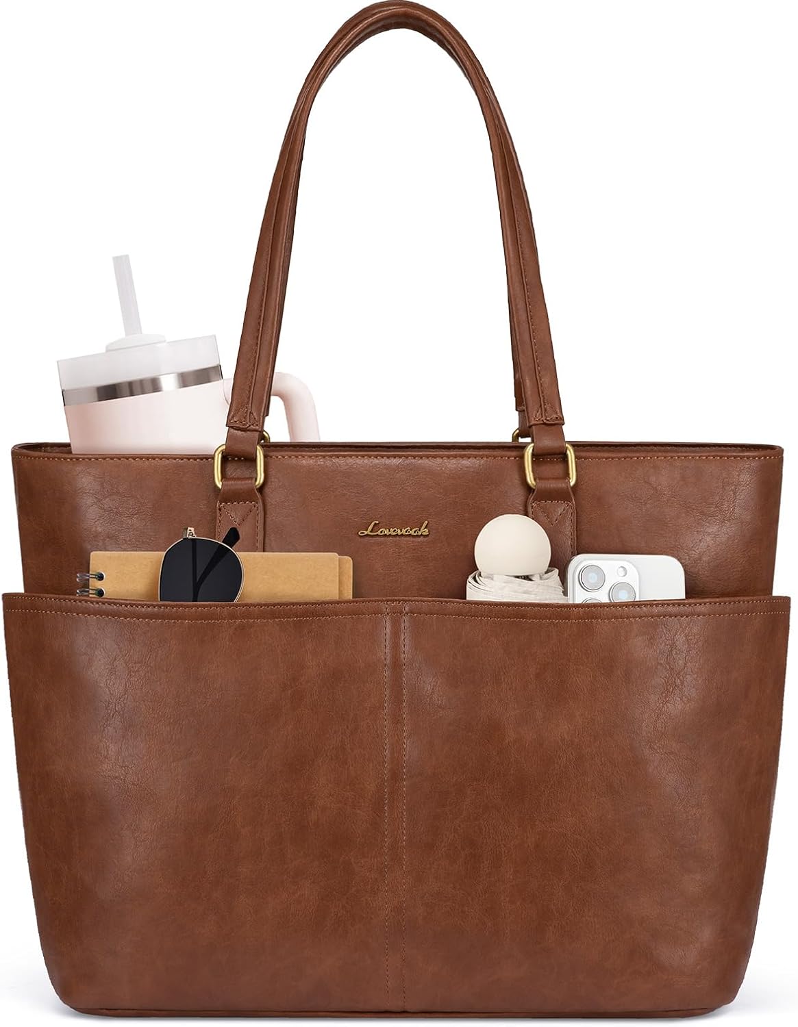 LOVEVOOK 15.6 Inch Laptop Bag for Women, Vintage Leather Work Tote Bags with Large Cup Holder, Teacher Nurse Medical Professional Computer Bag, Office Briefcase Handbag Gift