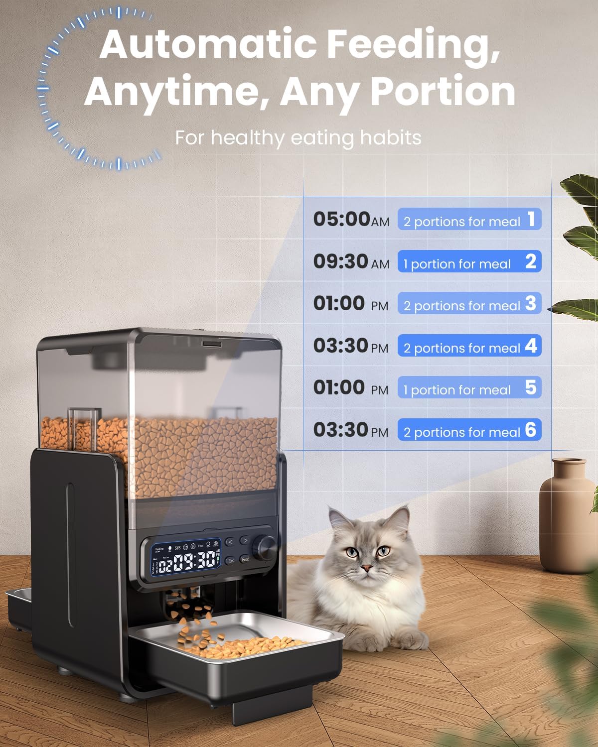 Automatic Cat Feeder for 2 Cats, 5L/20 Cups Food Dispenser with Adjustable Raised Double Bowls, Detachable Control Panel, Timed Cat and Dogs Feeder for Dry Food, Dual Power Supply - Image 4