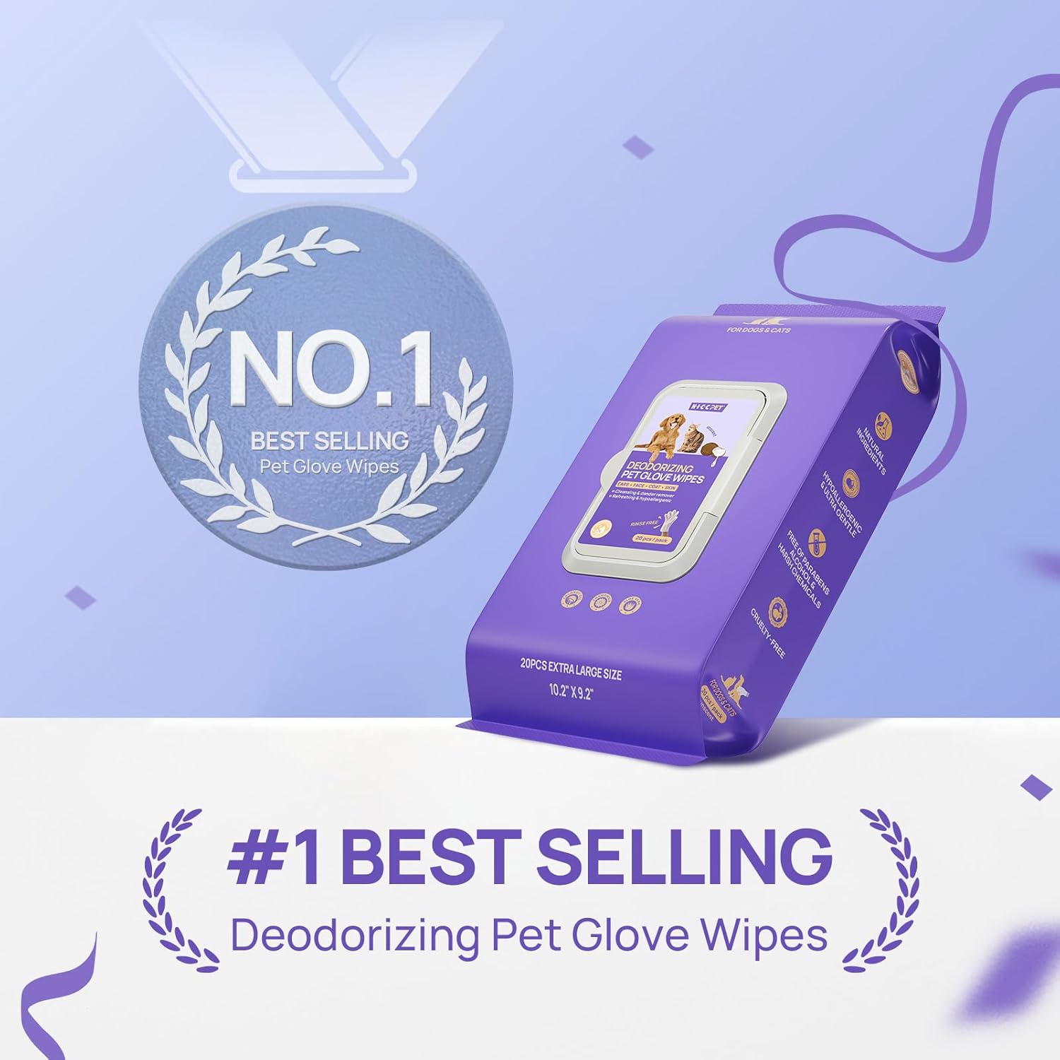HICC PET Cleaning Deodorizing Glove Wipes for Dogs & Cats, Vet Recommended Hypoallergenic Hydrating & Nourish Fur Pet Grooming Glove Wipes, Pet Bathing Wipes for Horse Coat Care,20pcs Coconut Scent - Image 2