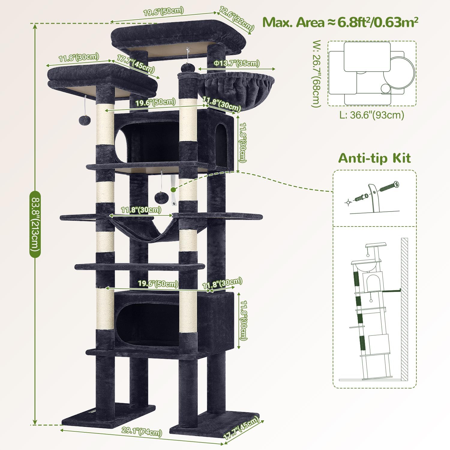 Globlazer XXL Giant Cat Tree, 83 Inch Heavy Duty Tall Cat Tower for Indoor Cats Large Adult, Multi-Level Large Cat Condo with 8 Scratching Posts, Hammock, 2 Cat Caves, 2 Platform, F83B, Dark Grey - Image 7