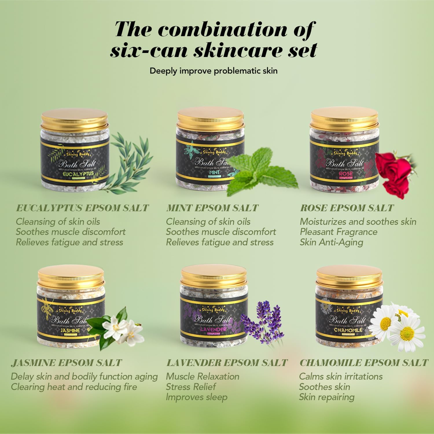 Epsom Bath Salts for Soaking Lavender, Eucalyptus & Rose Bath Salts for Women Relaxing,6pc Self Care Gift Set with Chamomile & Mint Spa Grade Muscle Relief,Natural Essential Oils,Sensitive Skin Safe - Image 4