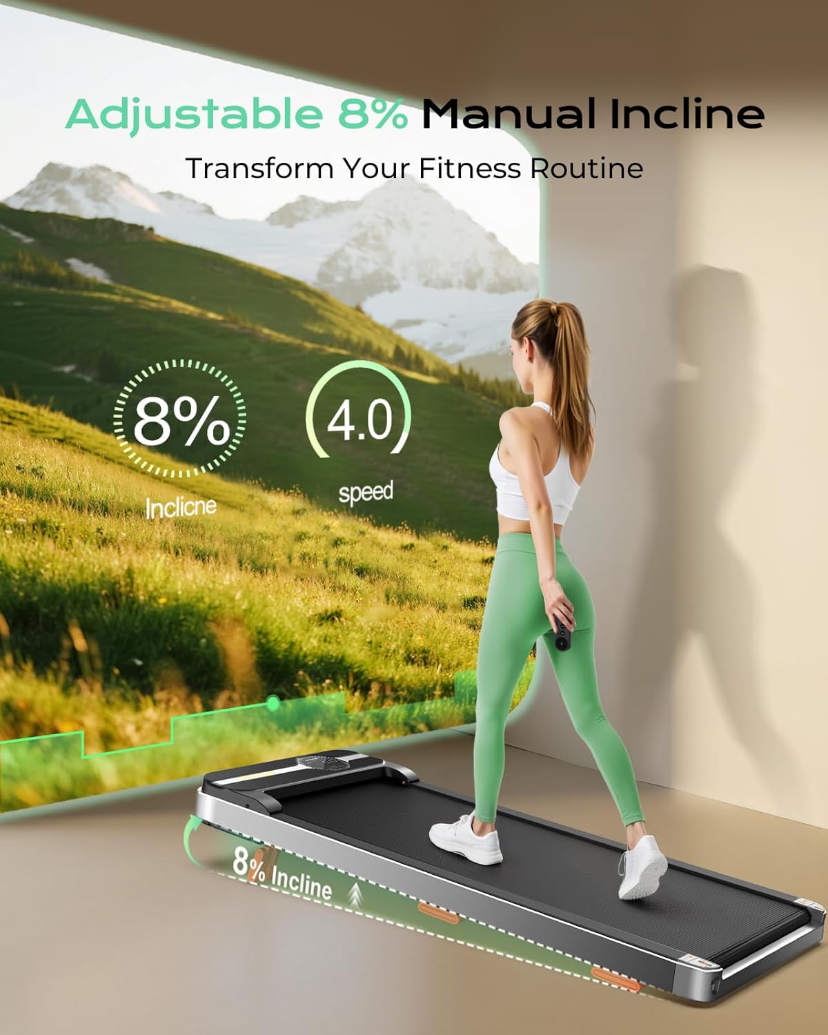 TREAFLOW Walking Pad Portable Under Desk Treadmill with Incline 2.5HP for Home Office 265 lbs Capacity Remote Control LED - Image 2