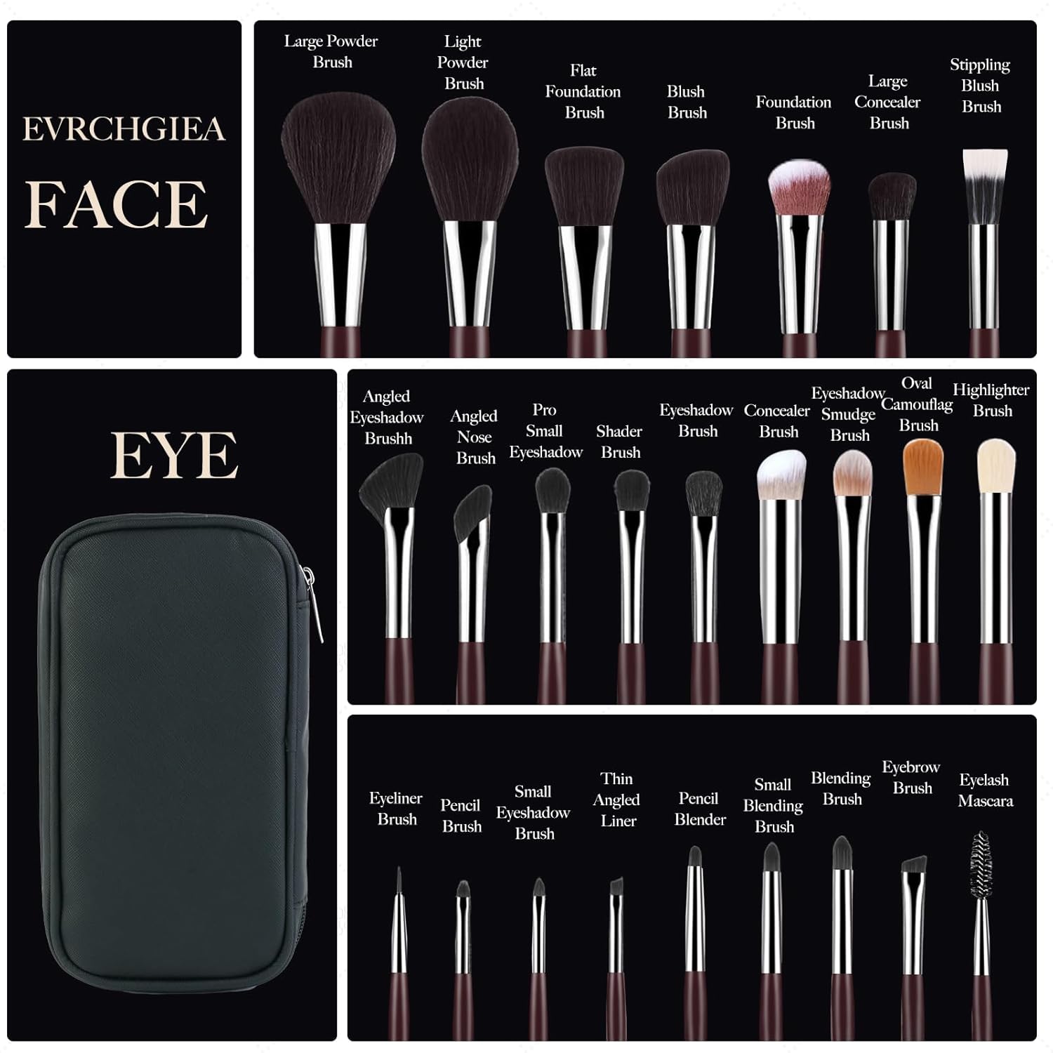 Professional Makeup Brush Set, 25Pcs Powder Foundation Blush Eyeshadow Brushes with Travel Case. All in One Brush Set, Soft Synthetic Vegan & Cruelty-Free (brown) - Image 4