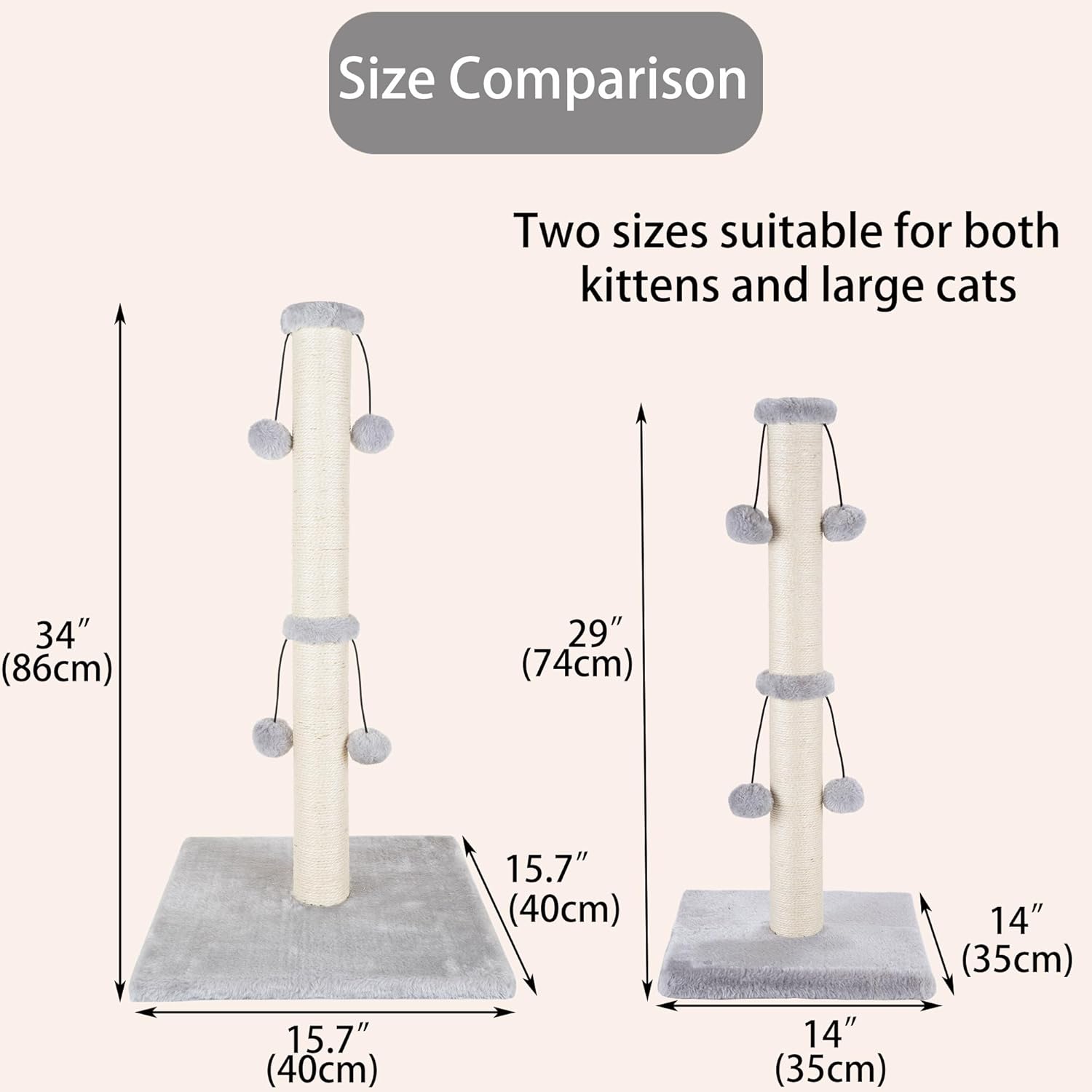 Dimaka 29'' Cat Scratching Post, Natural Sisal Rope Scratcher Post, Kitten Claw Scratch with 4 DanglingToy Balls for Large Cats (Grey) - Image 3