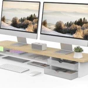 Fenge Monitor Stand, Dual Monitor Riser, 42.5inch Large Desk Computer Monitor Stand Riser with Drawer, 2 Tier Wood & Acrylic Desktop Organizer for Computer, Laptop, Printer, TV Screen Riser