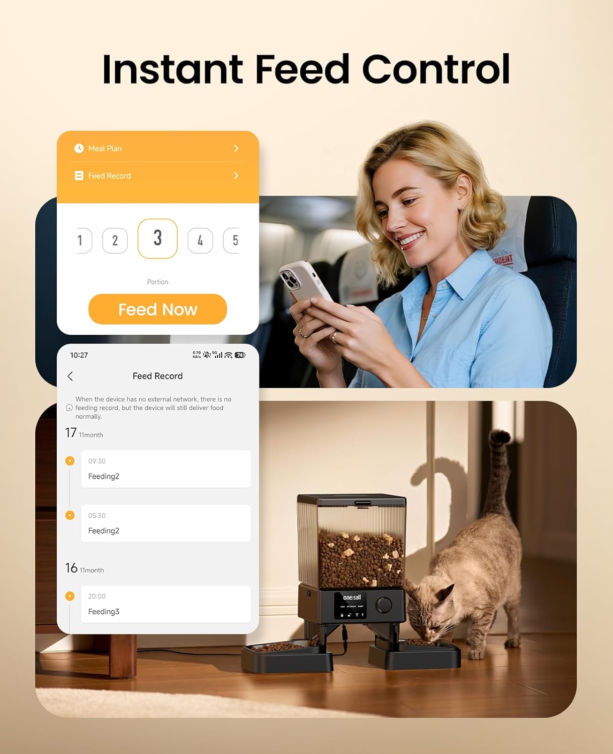 oneisall Automatic Cat Feeder with 5G WiFi, Automatic Cat Food Dispenser for 2 Cats Small Pets, 20 Cups/5L Timed Dry Food Dispenser with APP Control - Image 2