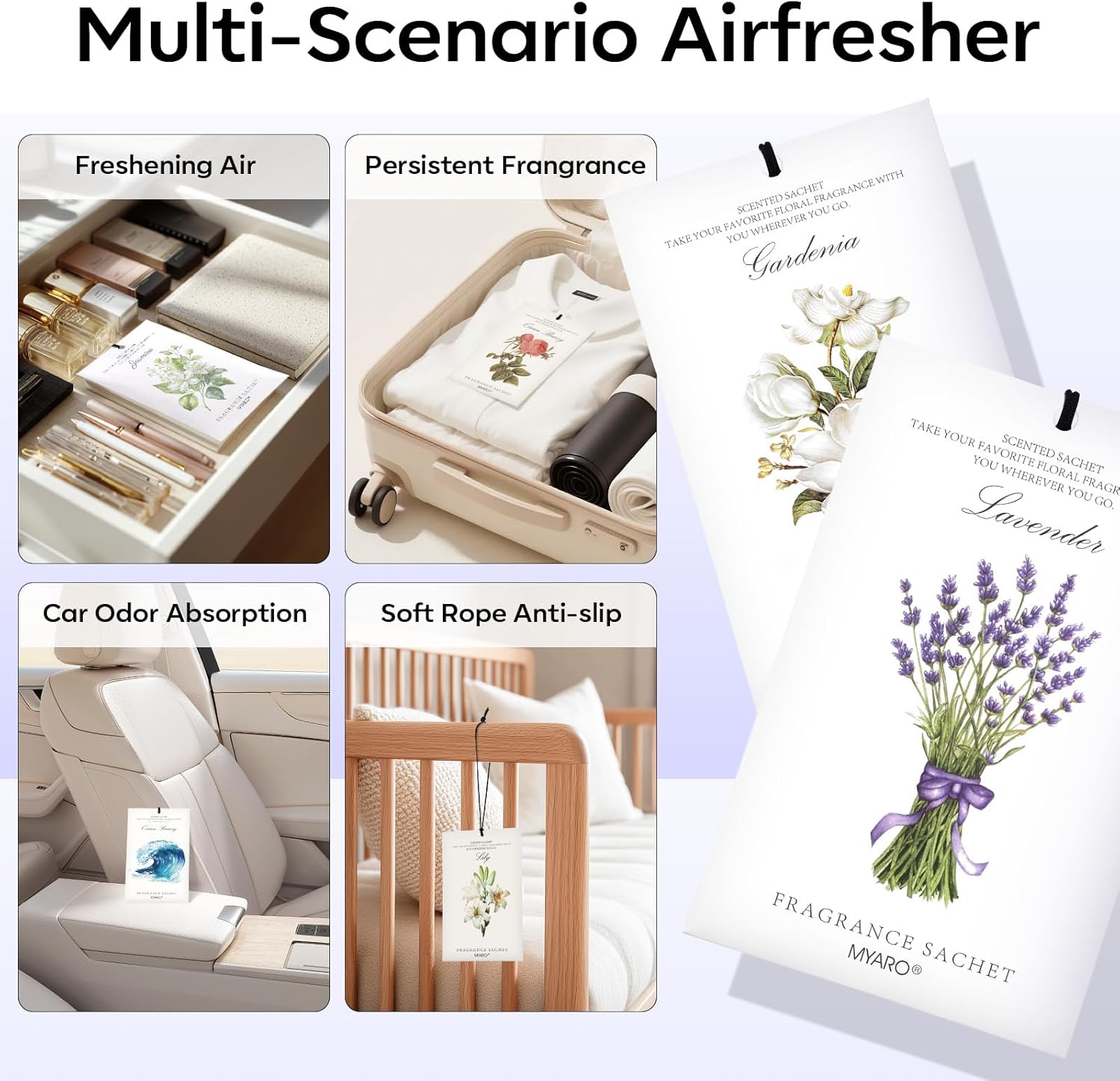 MYARO 12 Pack Assorted Floral Scented Sachets - Lavender, Rose, Jasmine, Ocean, Gardenia & Lily | Drawer, Closet & Car Air Freshener Bags | Multi-Scent Home Fragrance Gift Set - Image 3