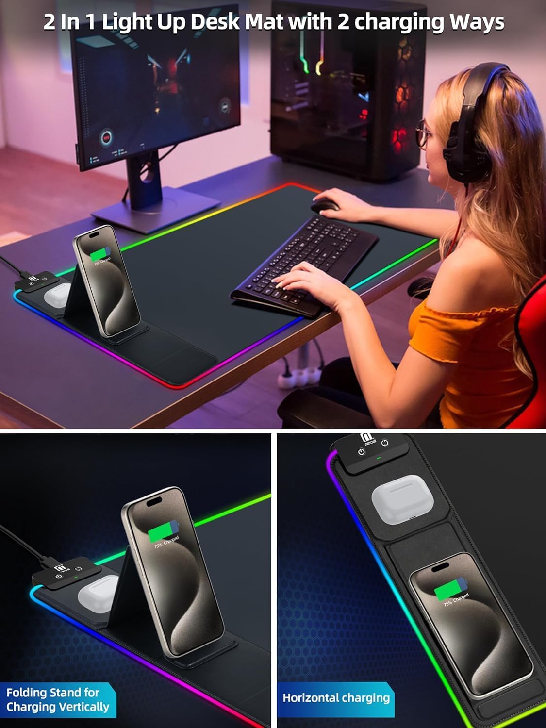 XXL Mouse Pad with Phone Holder - Black, RGB Desk Mat with 15W Fast Charging, LED Gaming Mousepad with 11 Light Colors, Waterproof Non-Slip Pad for Office & Home - Image 7