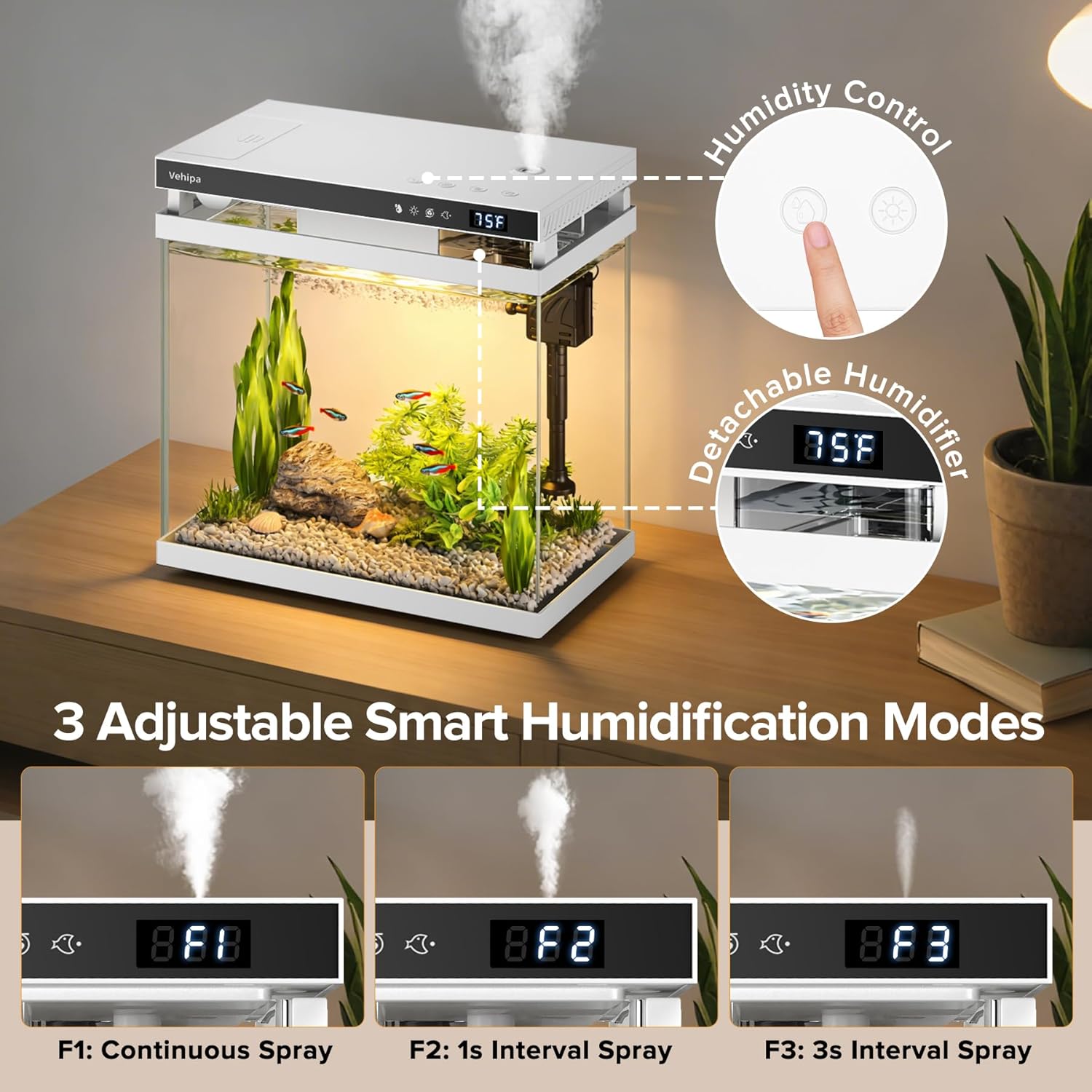 Vehipa Fish Tank Aquarium, 2.2 Gallon Smart Fish Aquarium Kits with Auto Feeder, Silent Water Pump, Temperature Display, Smart Humidifier & 7-Color Lighting, for Office & Home - White - Image 5