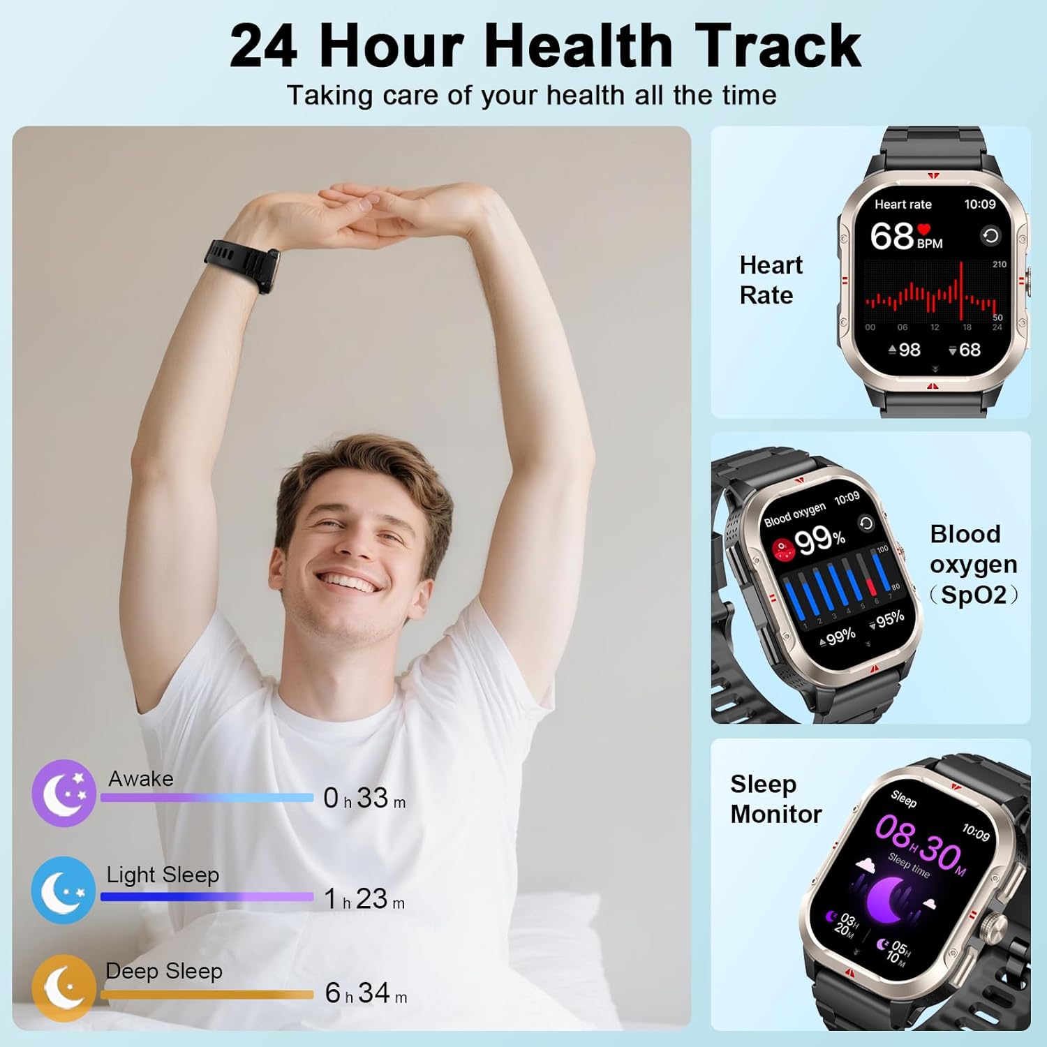 Military Smart Watches for Men Built-in GPS, 2.06" Smart Watch with Answer/Make Calls, Fitness Trackers with Heart Rate/Sleep/Blood Pressure/100+ Sport Modes, IP68 Waterproof Watch iOS Android(Black) - Image 6