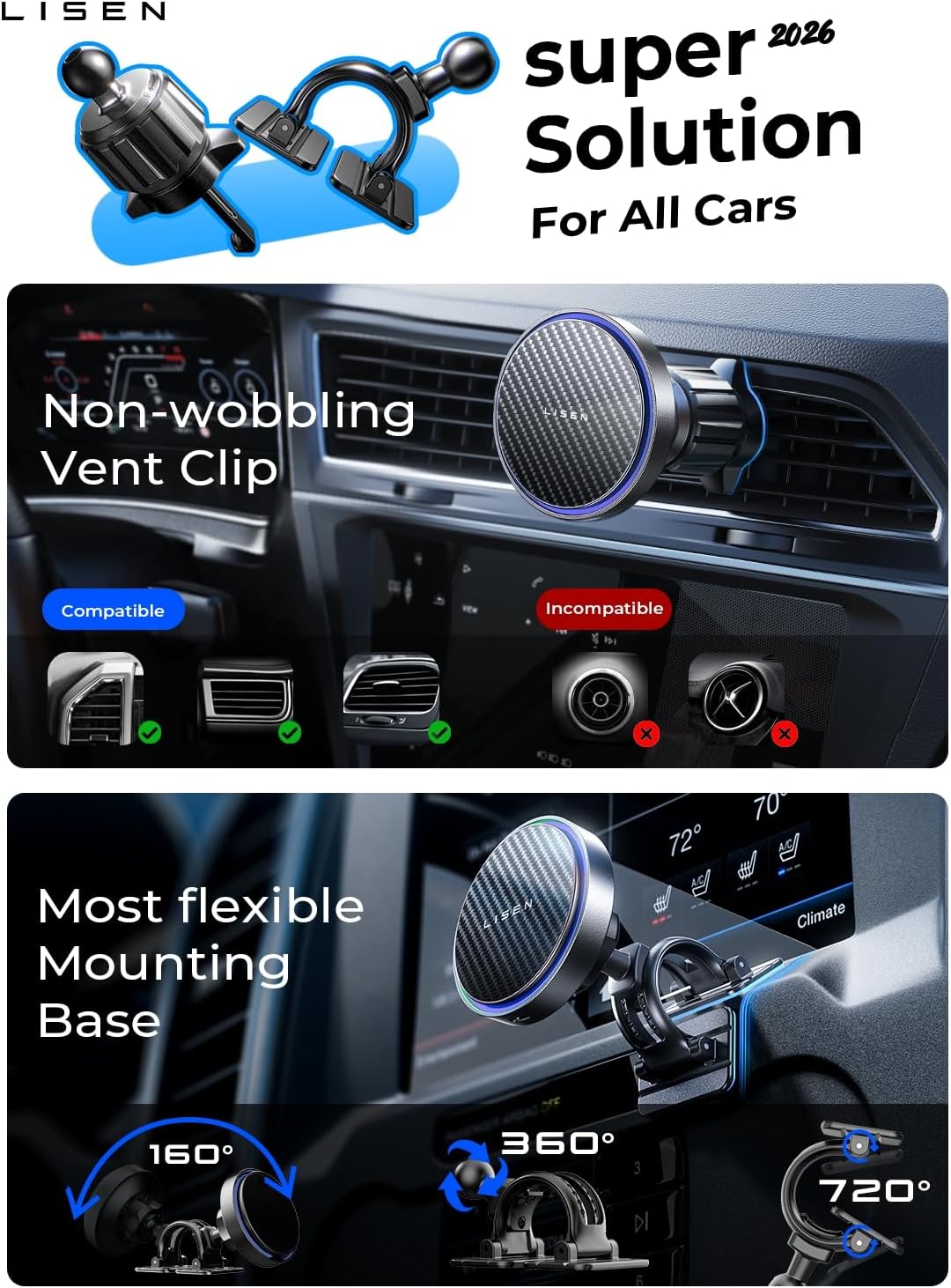 LISEN for 15W MagSafe Car Mount Charger,Wireless Car Charger,Magnetic Phone Holder for Car,Phone Holders for Your Car Accessories for Women Men Jeep Ford F150 for iPhone 17 16 15 14 13 12,Samsung - Image 3