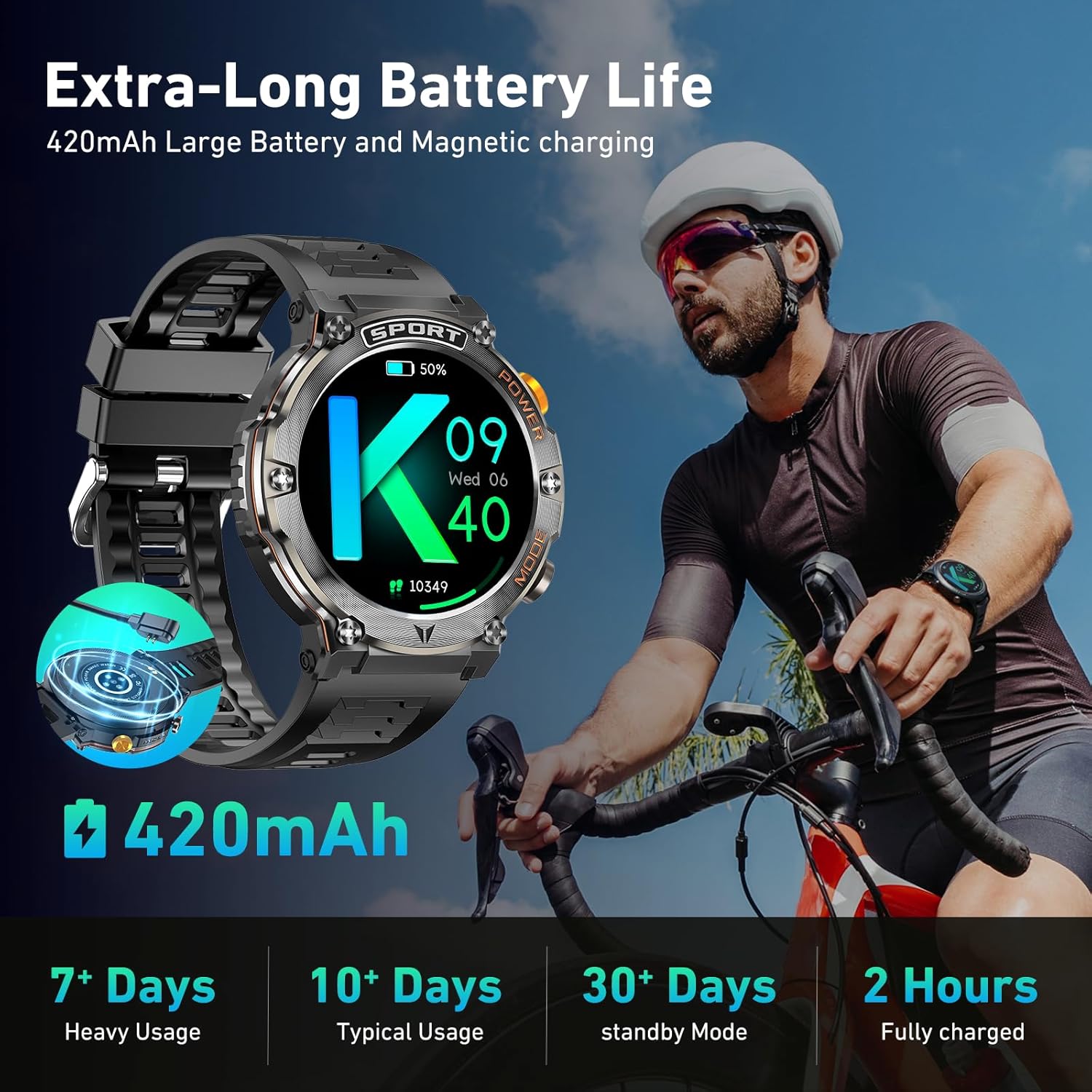 Military Smart Watch for Men 1,43" HD AMOLED Display(Answer/Make Call) 420mAh Battery Smart Watches IP68 Waterproof for Android/iOS 100+Sports Modes/Heart Rate/Sleep Silver - Image 5