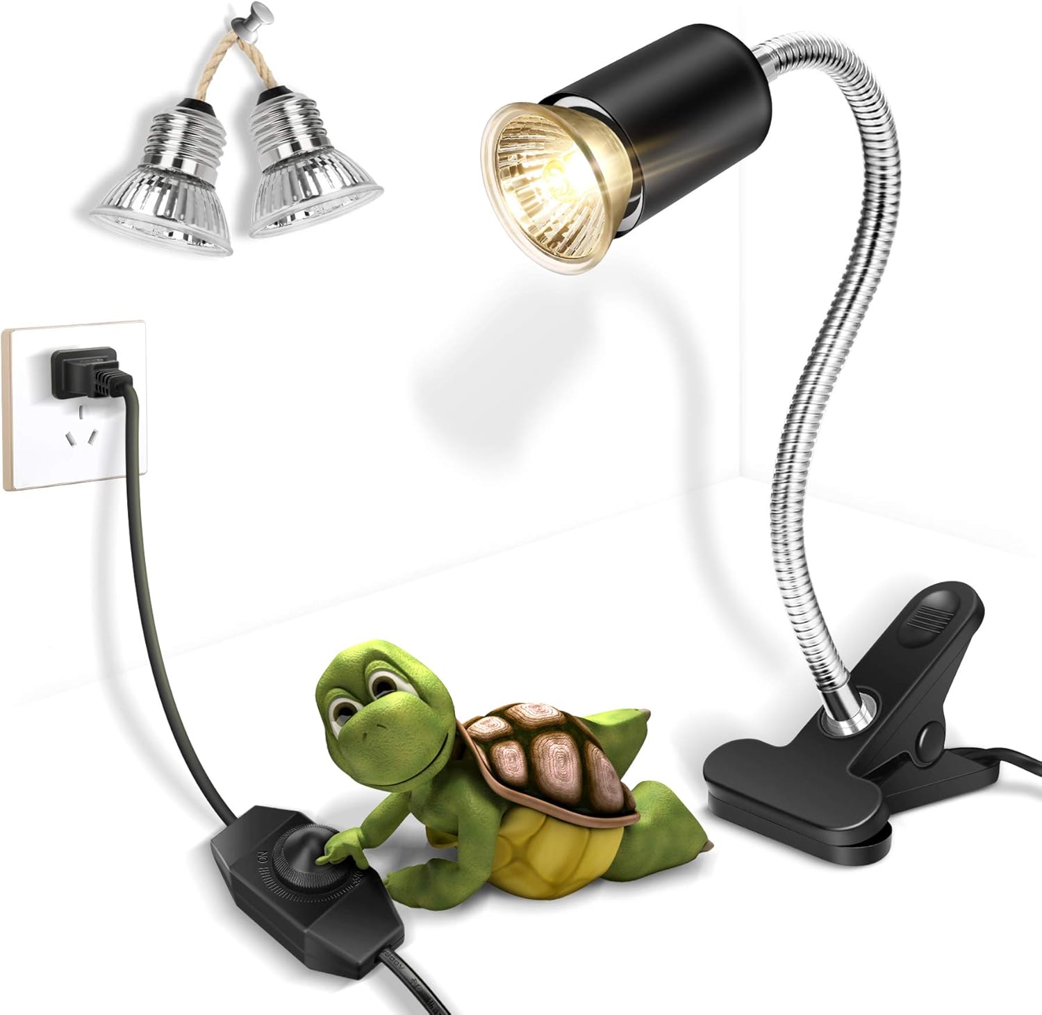 Reptile Heat Lamp,Heating Lamp with Clamp, Adjustable Habitat Basking Heat Lamp,UVA/UVB Light Lamp 360° Rotatable Clip and Dimmable Switch for Aquarium(Bulb Included) (E27,110V)