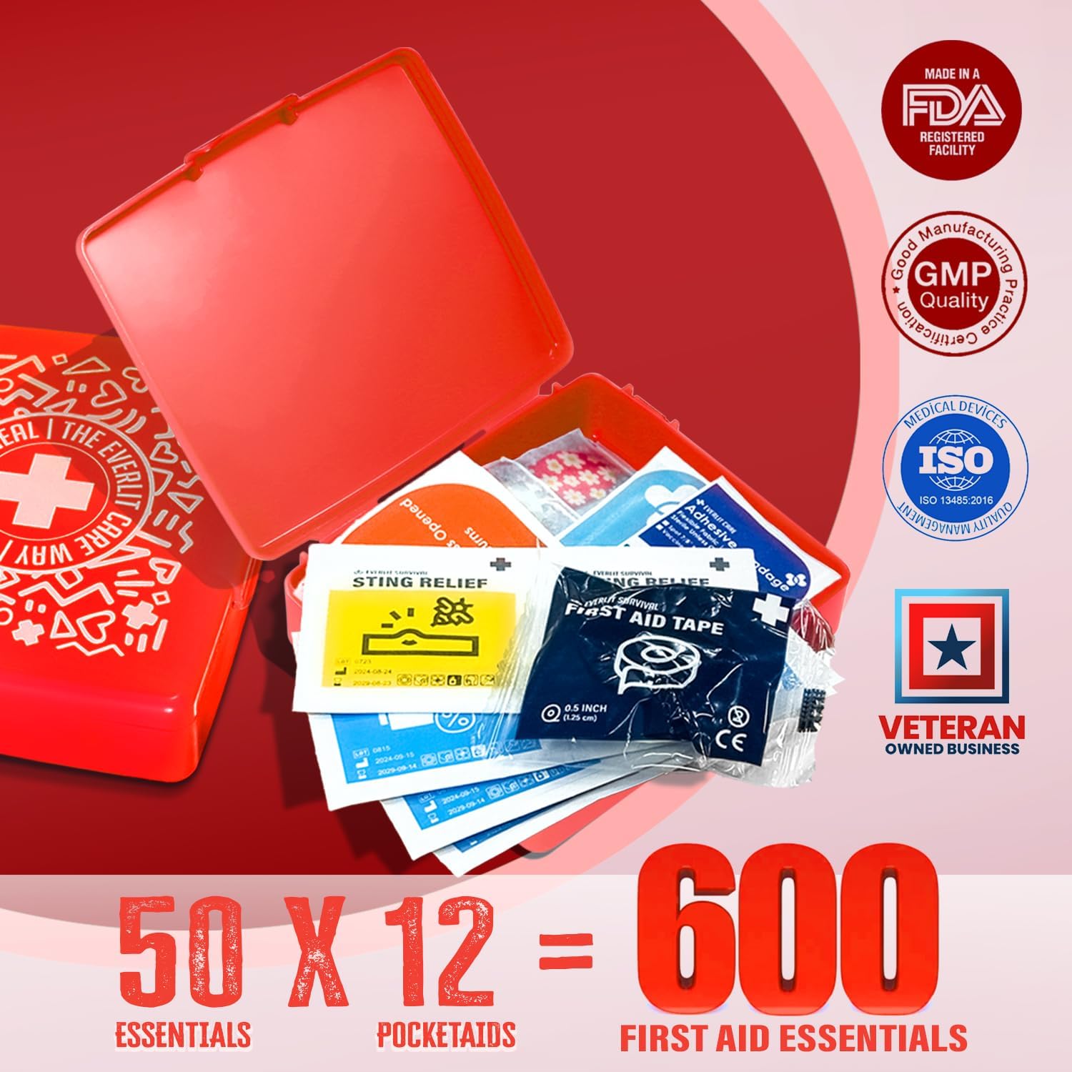 EVERLIT Pocket-Aid Mini First Aid Kit | Compact, Portable Hard-Shell Cases of 50 Items | Cuts, Scrapes, Wound Care Essentials for Travel, Outdoor, School, Camping, Home, Office (12 Packs | 600 Pcs) - Image 4