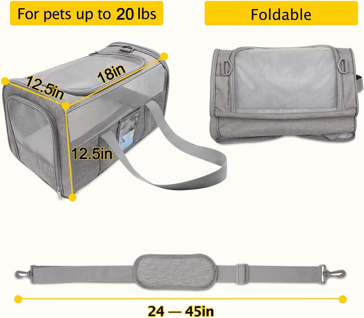 Refrze Cat Carrier for Large Cats 20 lbs, Medium Cat Under 25 lbs, Dog Carriers for Small Dogs, Soft Travel Pet Carrier for 2 Cats Small Dogs, Grey - Image 2