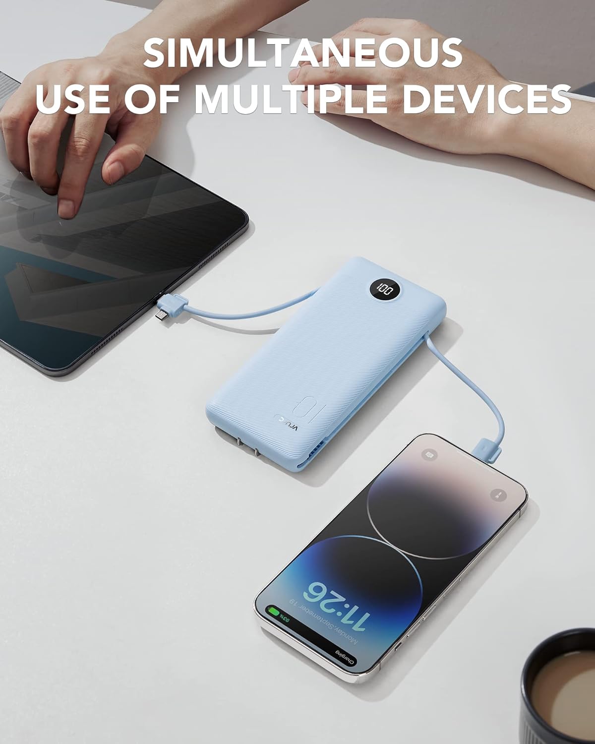 VRURC Portable Charger Built-in Cables and AC Wall Plug, USB C Power Bank 10000mAh, Travel Essentials Phone Charger Compact Lightweight External Battery Pack for Smart Phones, Tablets etc-Blue - Image 7