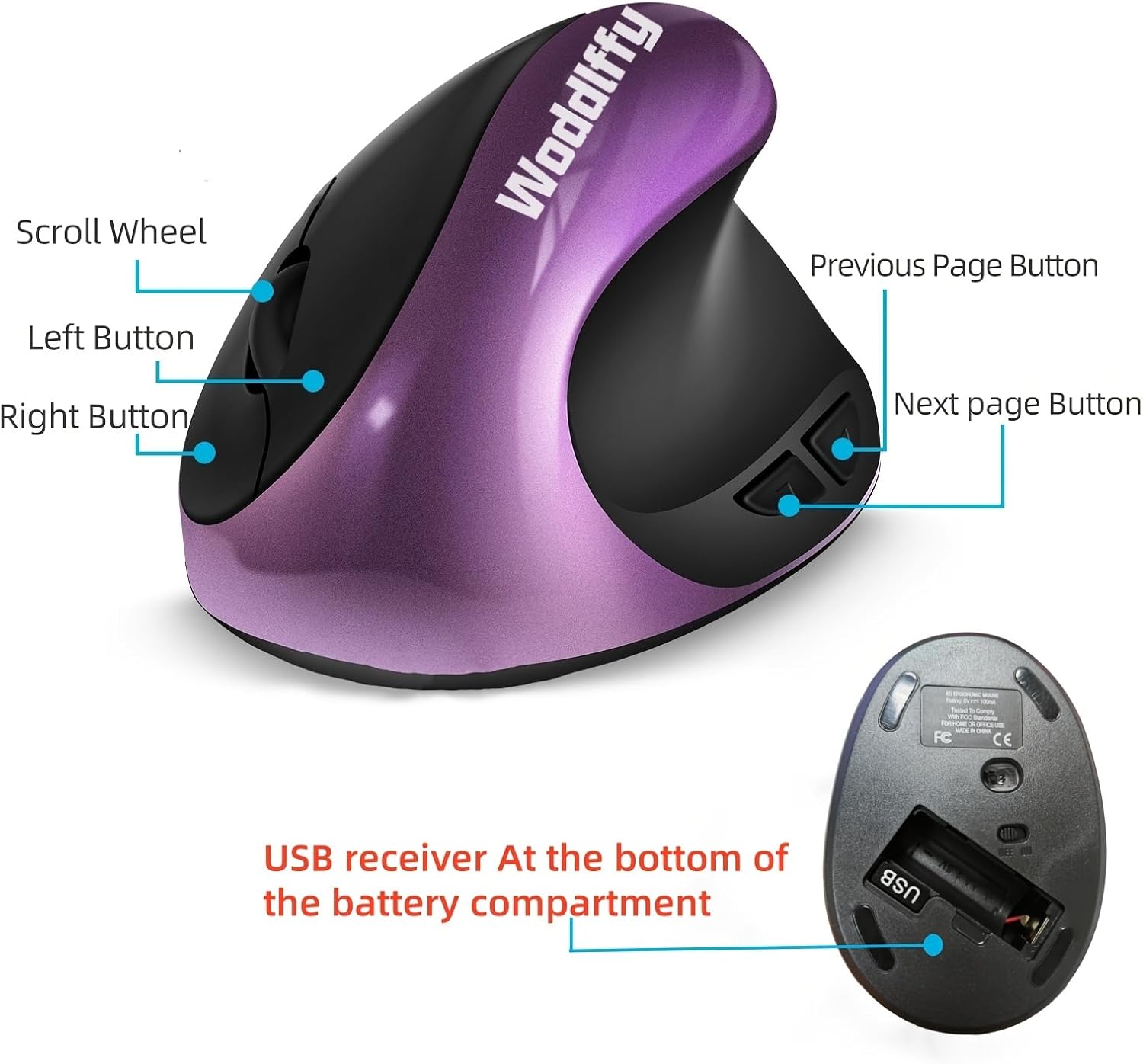 Ergonomic Mouse Wireless,Vertical Mouse with Silent Click Right Handed Small Mouses with 6 Buttons 1000/1200/1600 for Laptop,Desktop,PC, MacBook(Purple AA) - Image 4