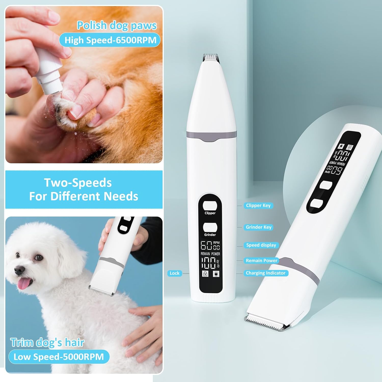 Dog Clippers for Grooming, 4 in 1 Dogs Paw Trimmer Pet Grooming Kit, Low Noise Dog Shavers with Nail Grinder Quiet, Rechargeable Cordless Electric Pets Clippers, 2-Speed Pet Hair Trimmer for Dogs Cat - Image 4