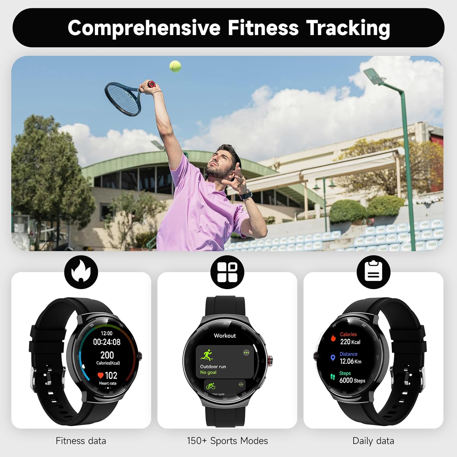 Smart Watches for Men Women, 1.43'' AMOLED Touchscreen Smartwatch for Android & iPhone, 150+ Sports Modes, Waterproof Fitness Tracker, Heart Rate/SpO2/Stress/Sleep Monitor, 2 Bands, Black - Image 5