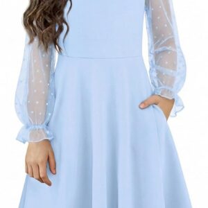 Flypigs Girl’s Dress Sheer Mesh Puff Long Sleeve High Waist Party Dresses with Pockets for 6-13 Years