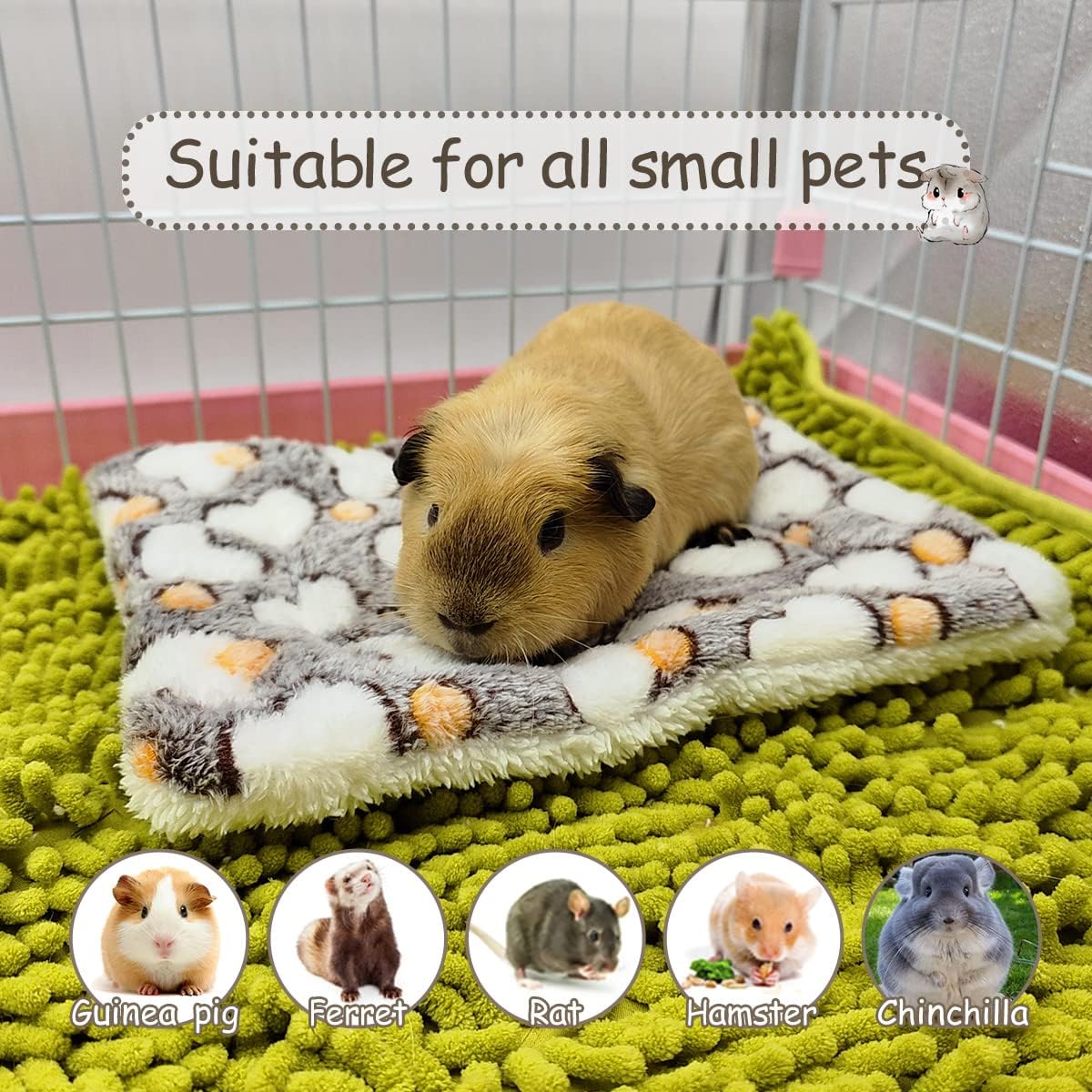 EAEDMY 4 Pieces Guinea Pig Bunny Comfortable Bed Mats Pads, Rabbit Warm Soft Bed, Hamster Bedding Pad Mats for Small Animals Chinchilla Hedgehog Baby Cats (11.8"x9.1", 1.Hearts Pattern) - Image 3