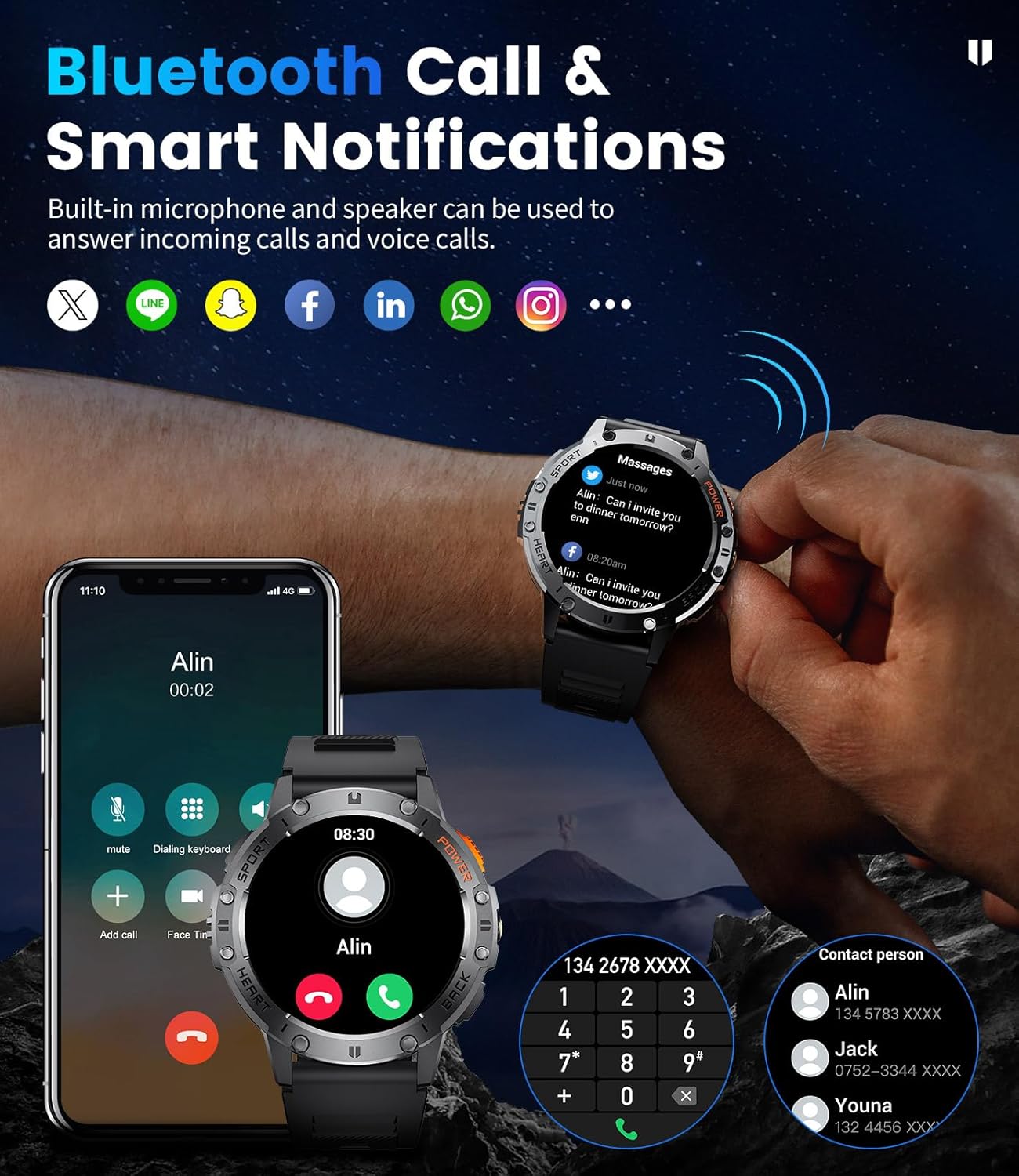 Military Smart Watches for Men for Android/iPhone-1.43'' Amoled Display Fitness Watch with Heart Rate/SpO2/Sleep Monitor/100+ Sport Modes/Flashlight,5ATM Waterproof Sport Watch,Pedometer,Silicone - Image 7