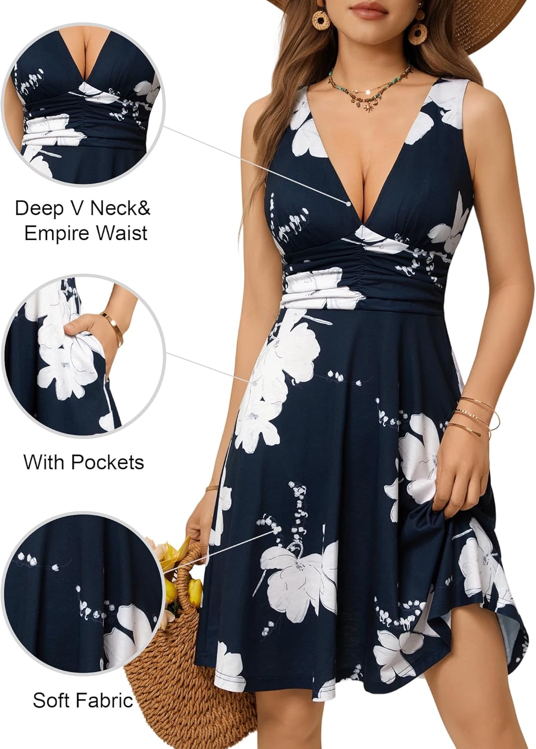 OURIN Women's Spring Deep V Neck Sleeveless Floral Sundresses with Pockets Flowy Summer Dresses for Women - Image 6