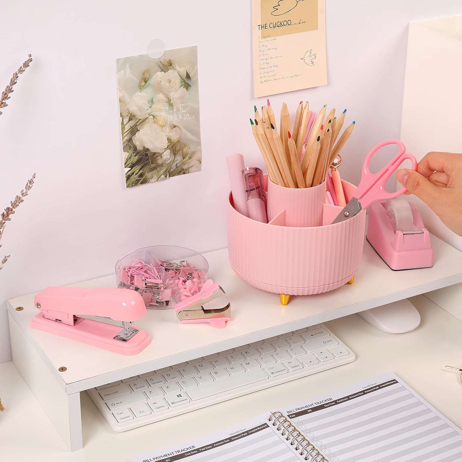SKYDUE Pink Desk Accessories 10Pcs, Rotating Pen Holder for Desk, Stapler, Staple Remover, Tape Dispenser,2pcs Tape Refills, Binder Paper Clips Kit, Scissor,Pink Office School Supplies - Image 8