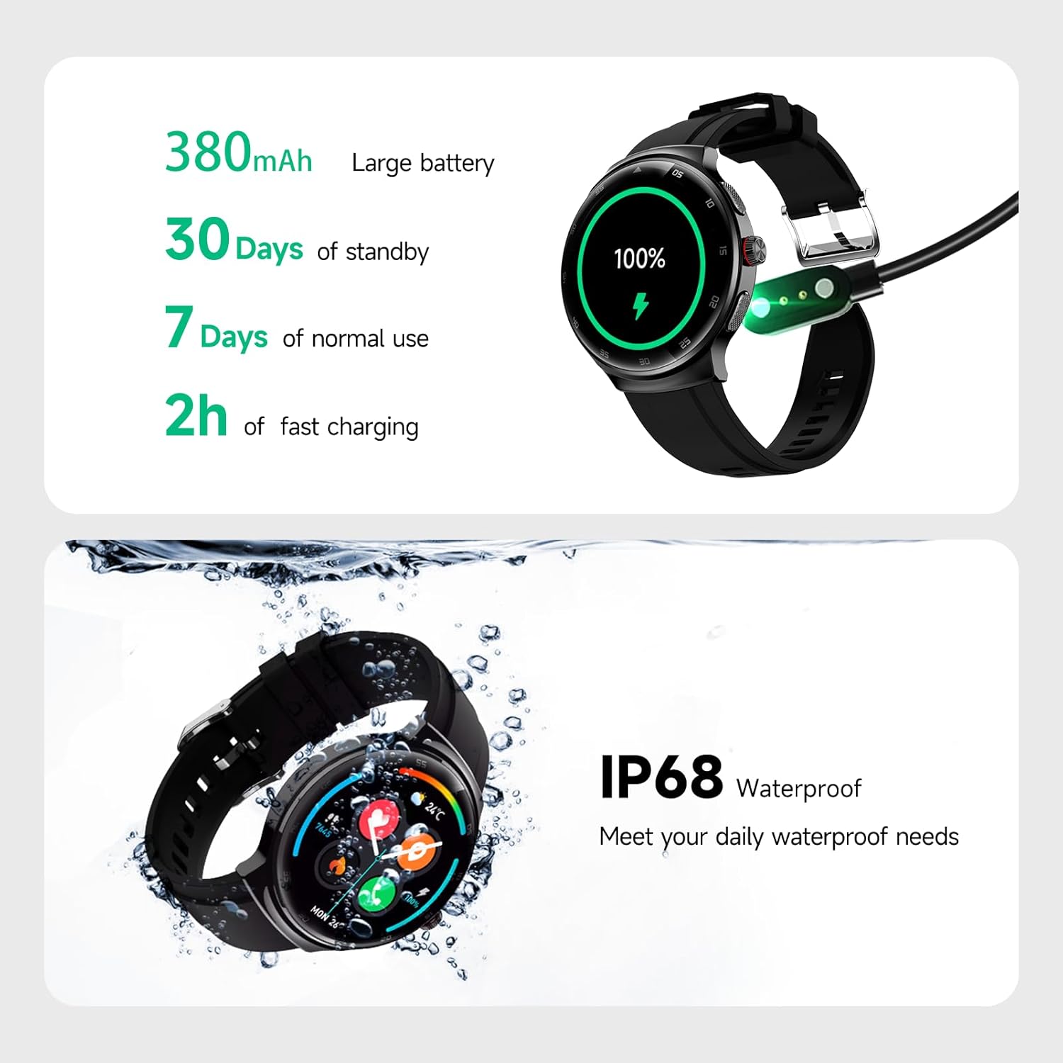 Smart Watches for Men Women, 1.43'' AMOLED Touchscreen Smartwatch for Android & iPhone, 150+ Sports Modes, Waterproof Fitness Tracker, Heart Rate/SpO2/Stress/Sleep Monitor, 2 Bands, Black - Image 7