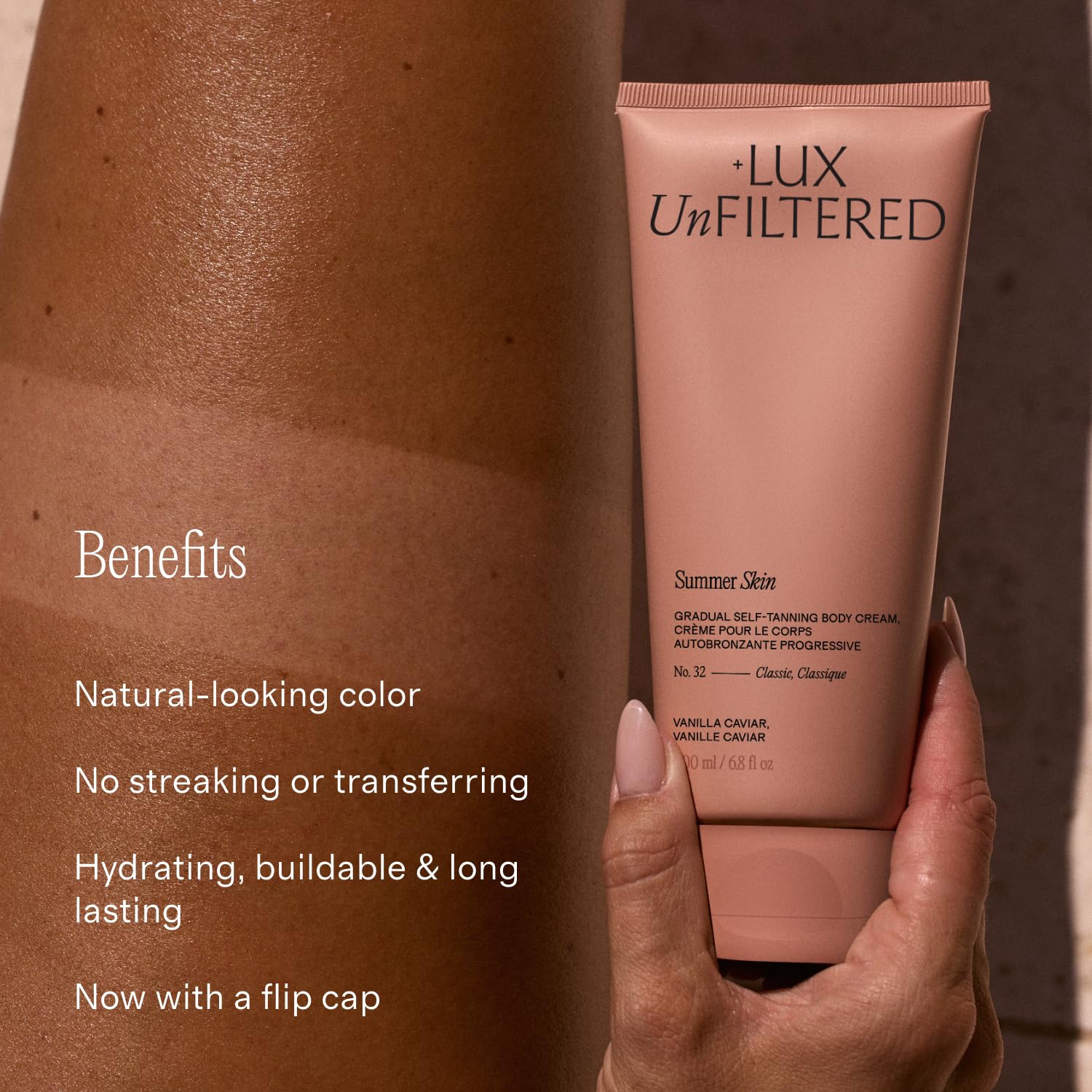 + Lux Unfiltered N°32 Summer Skin Classic Gradual Self Tanner, Hydrating Self Tanning Lotion with Shea Butter & Squalane - Non-Sticky, No Transfer, Natural-Looking - Vegan Sunless Tanner - Rosewood - Image 3