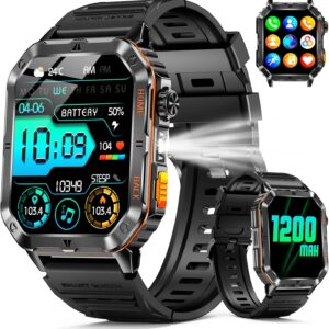 Military Smart Watch for Men, 2.01” Fitness Tracker with 1200mAh Long Battery Life, Bluetooth Calls, Flashlight, IP68 Waterproof, Heart Rate/Sleep Tracking, 100+ Sports Modes for Android iPhone