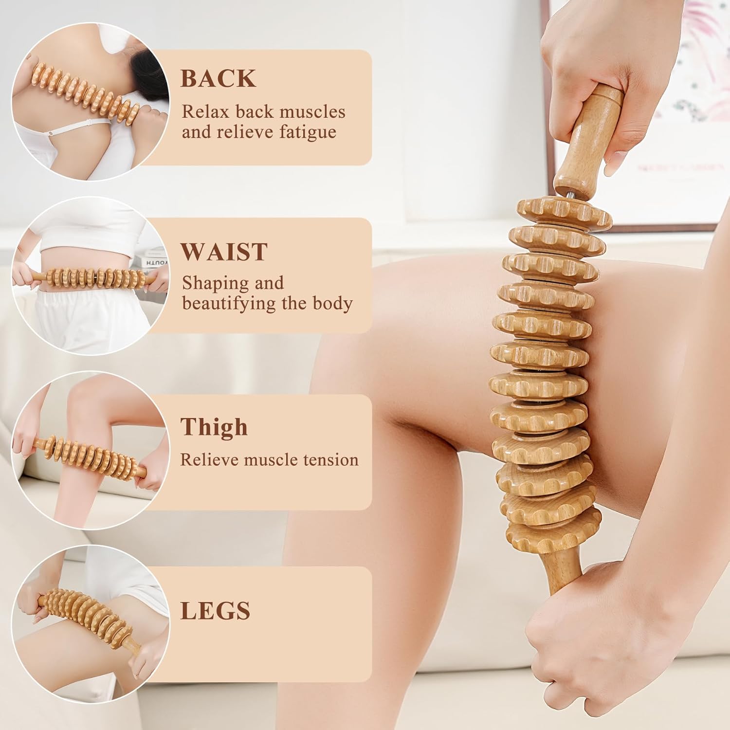 Xokocli Cellulite Massage Tool Wood Therapy Massage Tools Body Roller Cellulite Roller Fascia Blaster Lymphatic Drainage Massager for Legs Thighs Muscle Pain Relief(White 12-Wheel) - Image 2