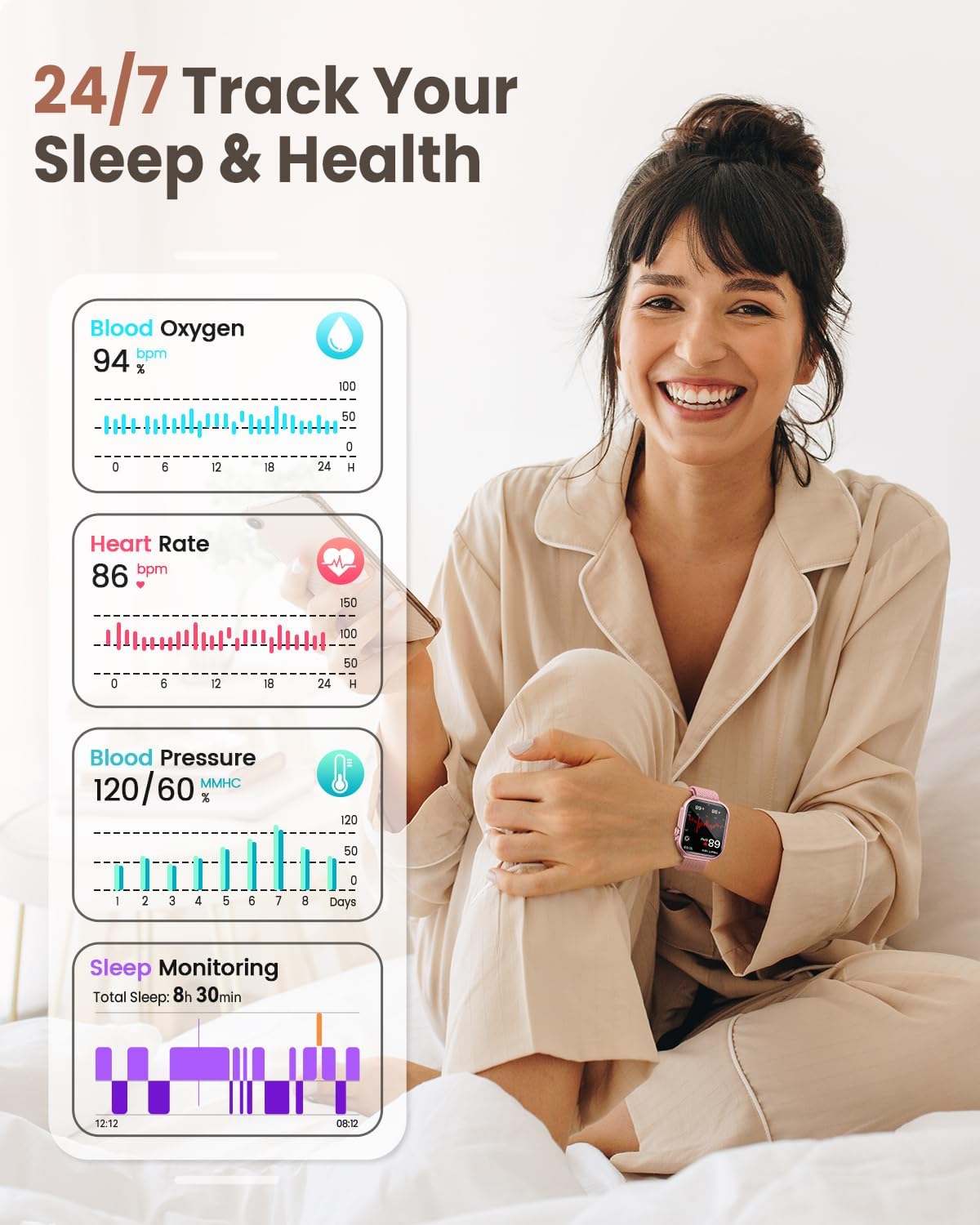 Smart Watches for Women (Android/iPhone), 1.83" HD Smart Watch with Calls/Messages/Notifications, Sleep/Heart Rate/SpO2/Blood Pressure Monitor, 110+ Sports Modes Fitness Tracker Watch, 1000mAh Battery - Image 4