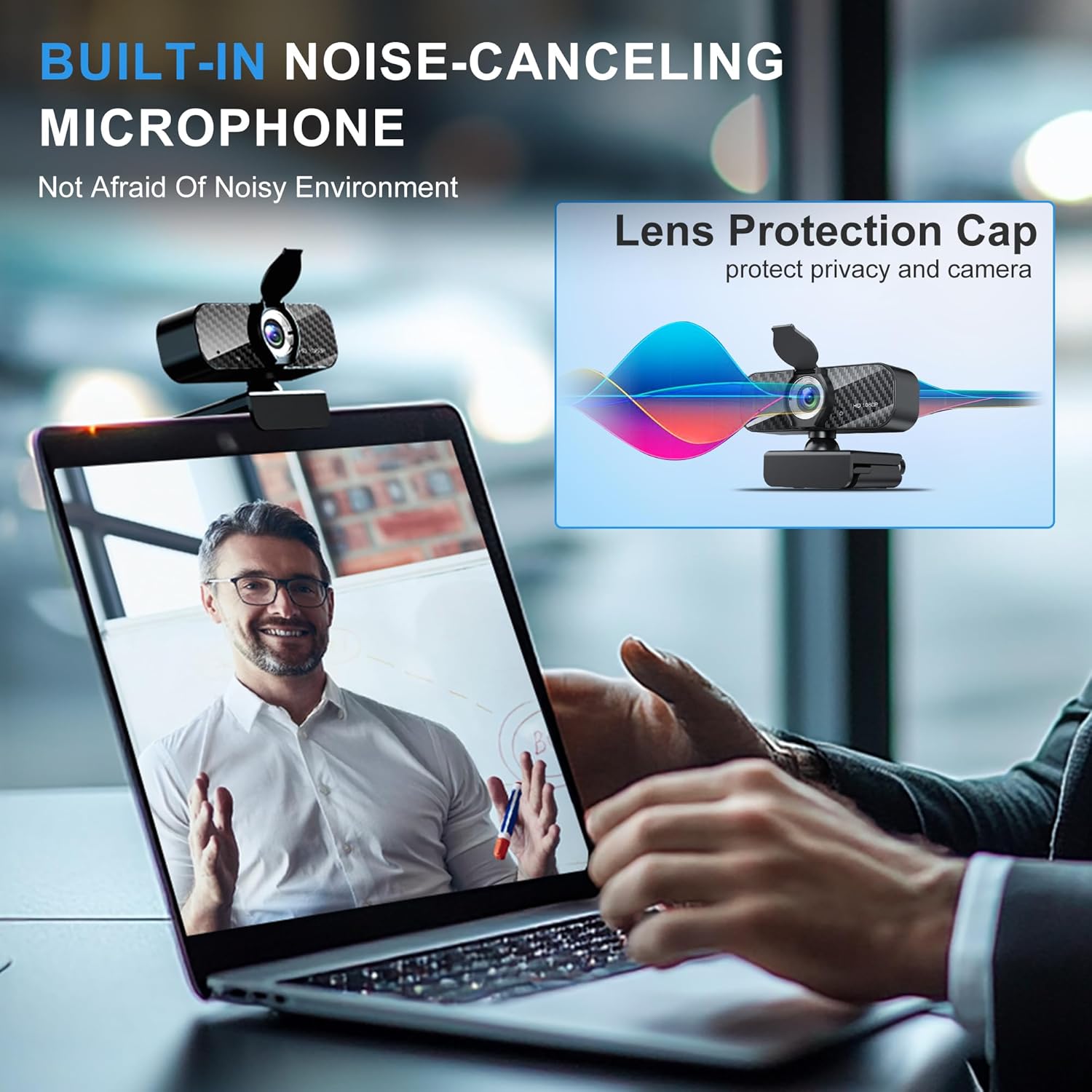 Webcam Full HD 1080P with Built-in Microphone and Rotatable Tripod, Carbon Fiber Board and Privacy Cover, Auto Light Correction, Adjustable FOV, Plug&Play for Zoom/Skype/Facetime/YouTube, Laptop/PC - Image 3