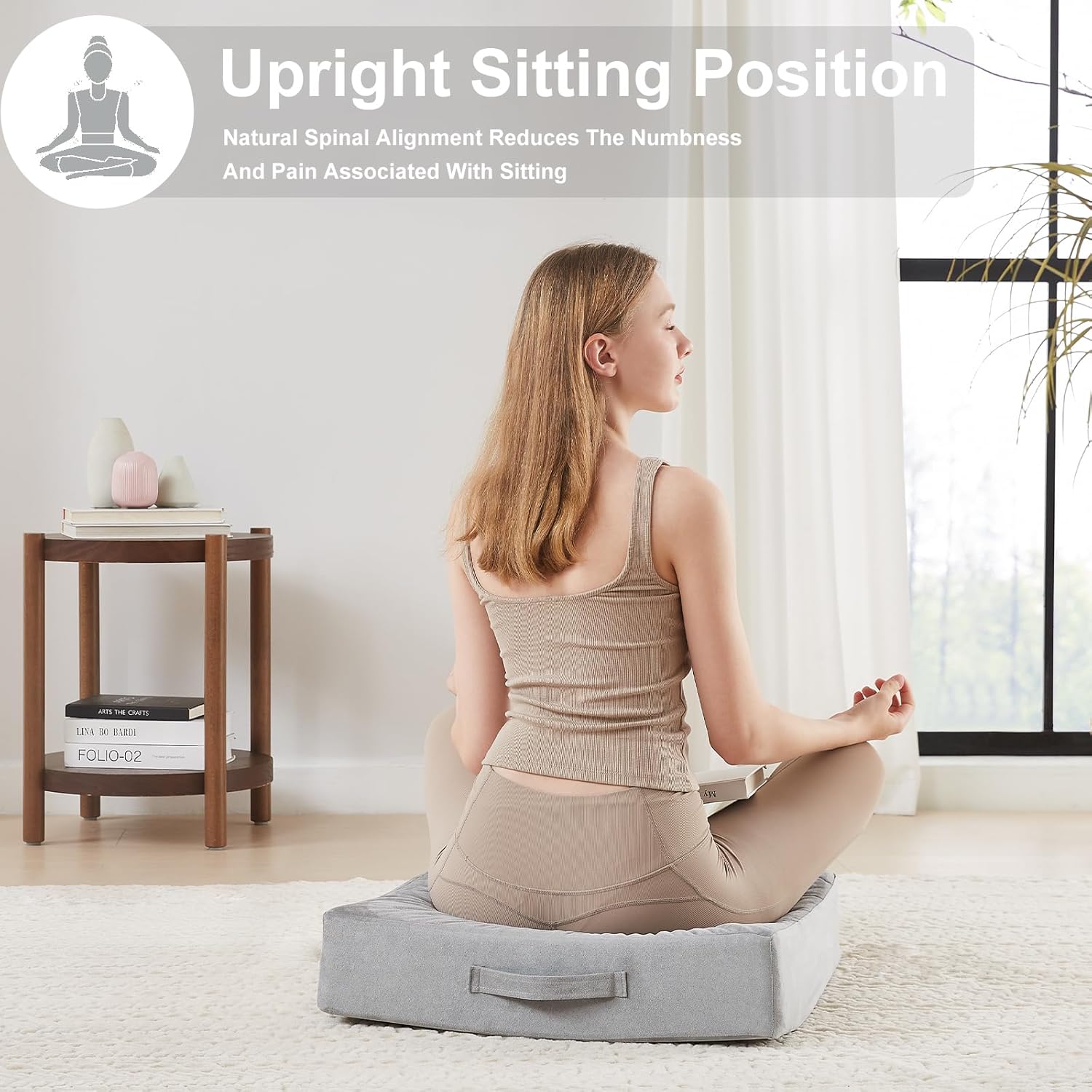 JKMAX 22 inches Floor Pillow for Adults - Large Meditation Cushion with Thick Foam & Soft Tufted Cover - Premium Outdoor Square Floor Cushion Seat - Yoga Pillows for Sitting On Floor - Light Gray - Image 4