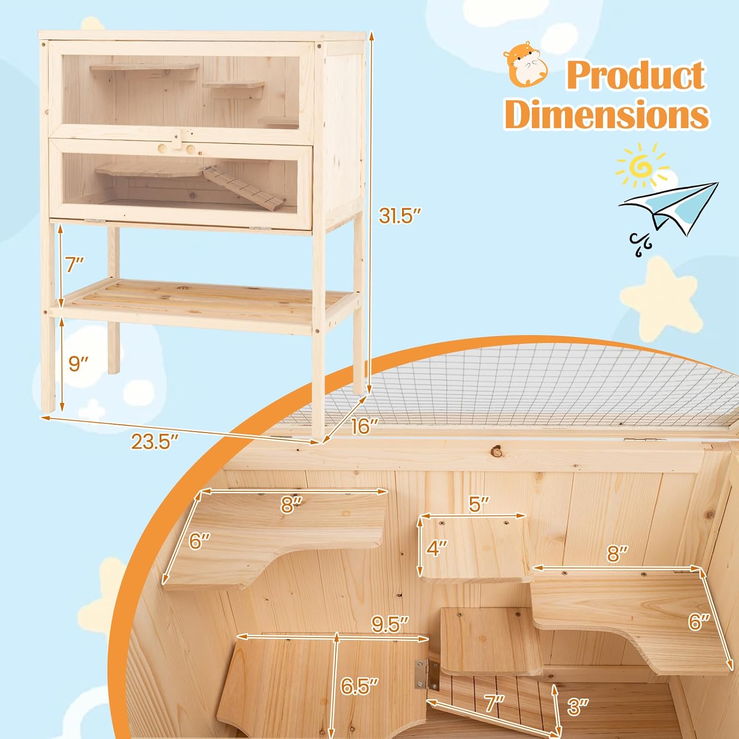 PETSITE 31.5 Inches Freestanding Wooden Hamster Cage, Chew-Proof 2-Layer Hamster House with Full Transparent Viewing, Flip-Top Roof, and Storage Shelf, Ideal for Dwarf Hamster and Gerbils - Image 4