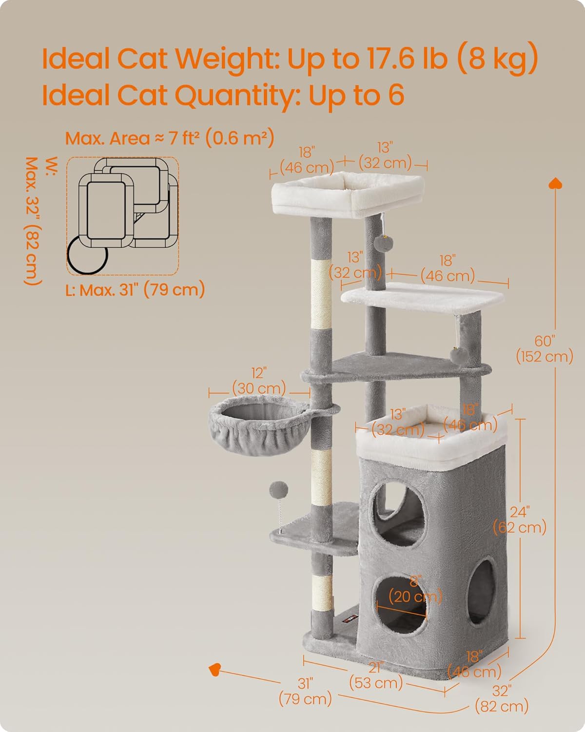Feandrea Cat Tree, 60-Inch Cat Tower, Multiple-Level Plush Condo with 2 Caves, 3 Scratching Posts, 3 Perches, Dove Gray UPCT007G01 - Image 5