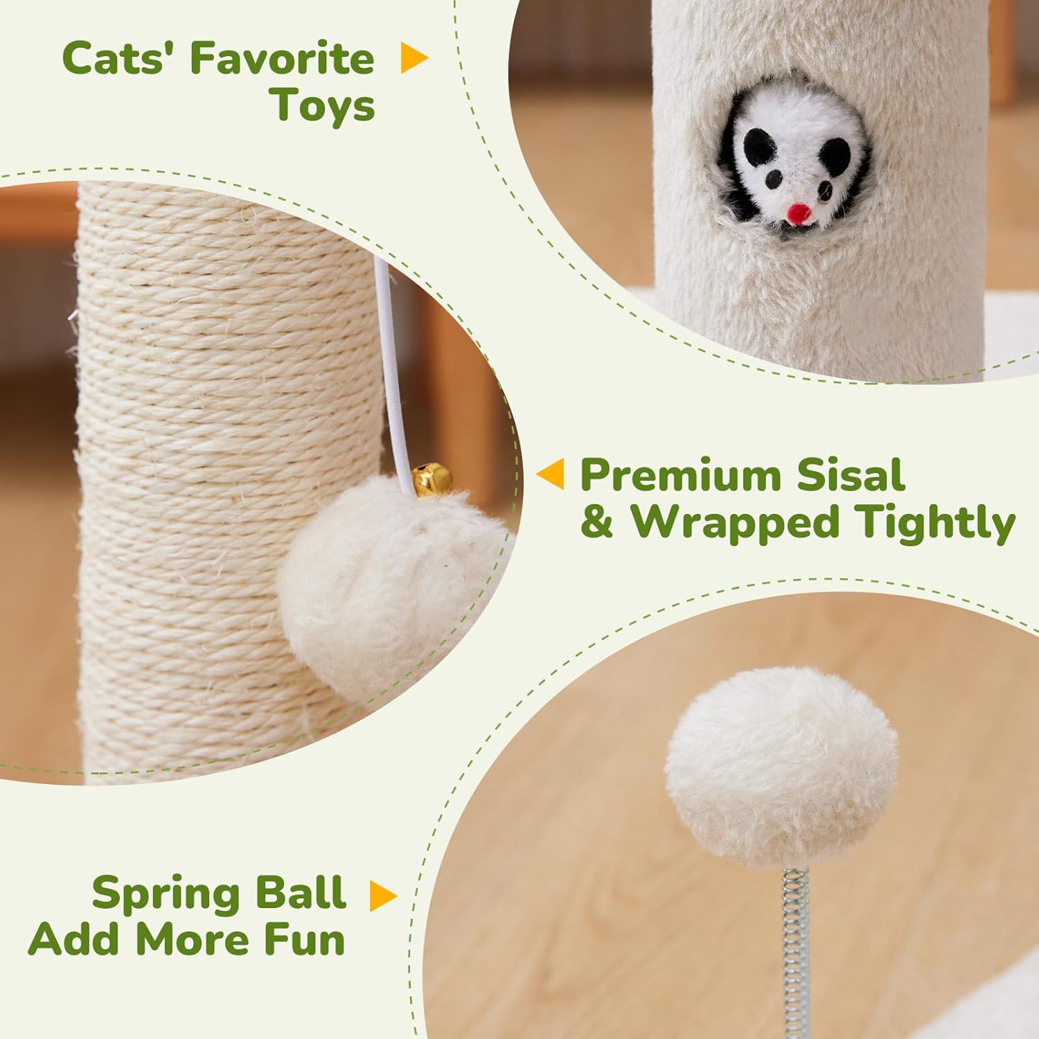 Woochpet Cat Scratching Posts 33" for Adults Cats, Cat Scratcher with Soft Fabric Covering Base and Durable Sisal Rope, Scratcher with Fun Mouse Hole and Cat Toy for Tall Cats (White) - Image 3