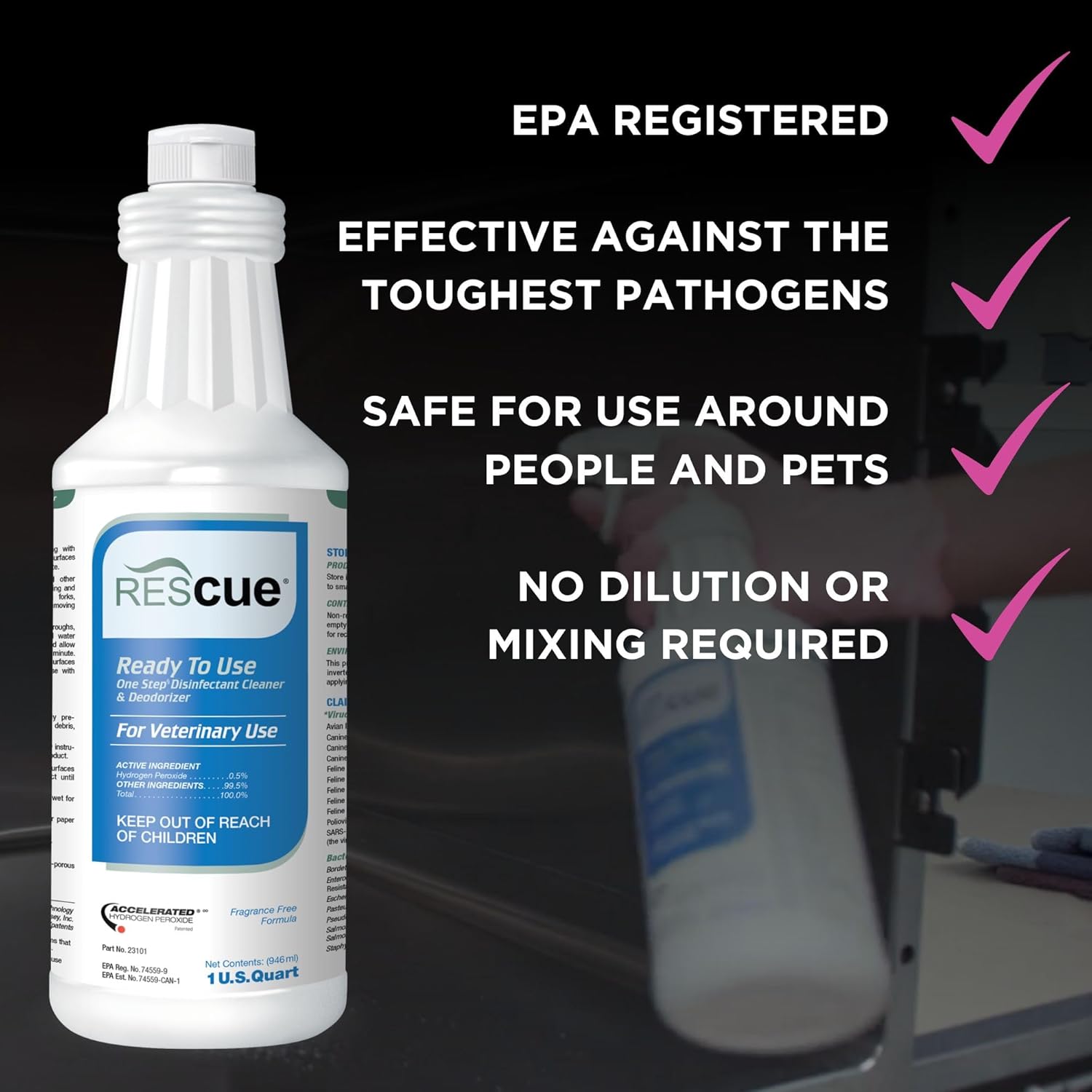 REScue One-Step Ready-to-Use Disinfectant Cleaner & Deodorizer – For Veterinary Use, Animal Shelters, Pet Foster Homes, Kennels, Litter Box – 32 Ounce RTU (Spray Nozzle NOT Included) - Image 3