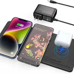 ZealSound Wireless Charging Pad, 3 in 1 Charger Mat for iPhone, Samsung Galaxy, Pixel, AirPods & Galaxy Buds, 24W Adapter Included, Ultra Slim, Case Friendly, PU Leather, for Home Office & Travel