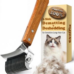 Cat Brush for Long Haired Cats – Double Sided Dematting Undercoat Rake for Persian, Ragdoll, Maine Coon – Professional Grooming Tool to Remove Mats, Tangles & Shedding – Skin-Safe Teeth