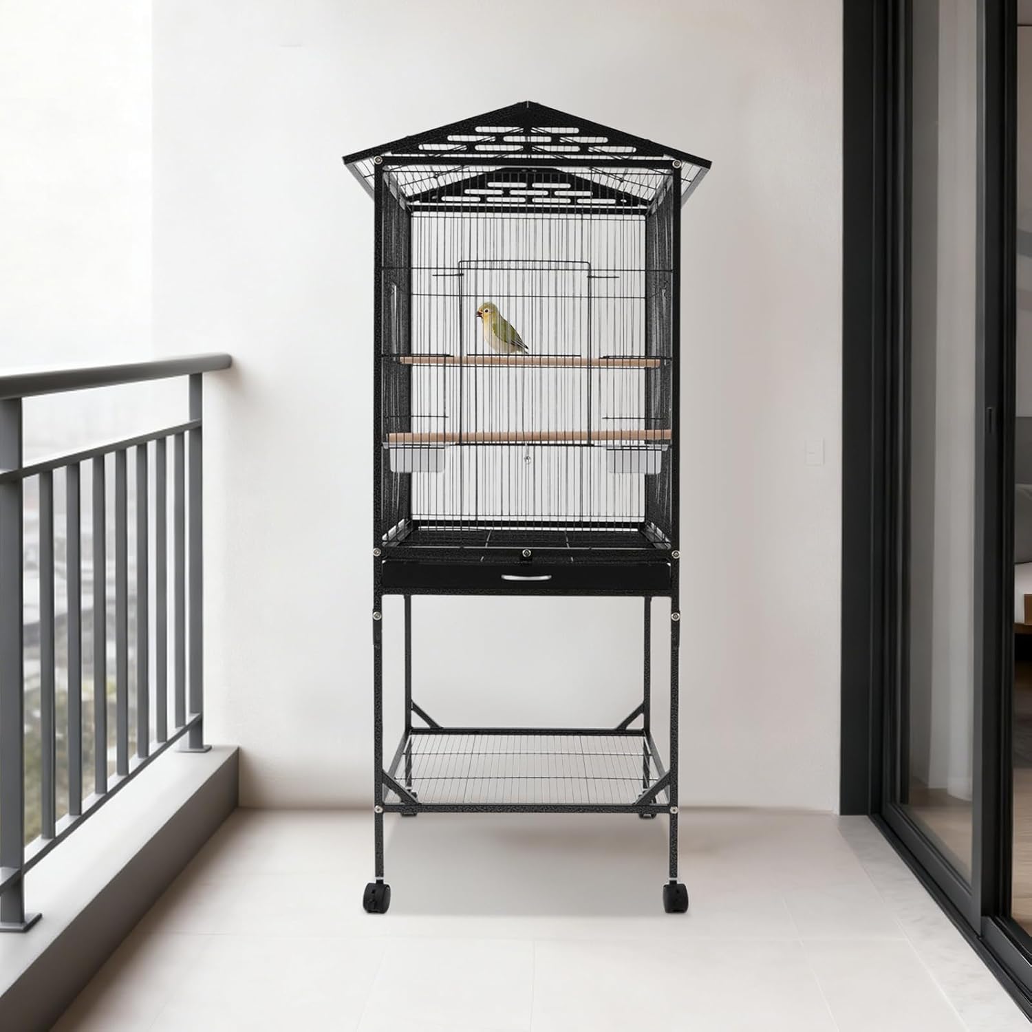 Extra Large Bird Cage, 49Inch Wrought Iron Bird Cage 360° Full Hollow Design with Universal Wheels for Parakeets Canaries Cockatiels Lovebirds 18.11×18.11×49.21 Inch (Black) - Image 3