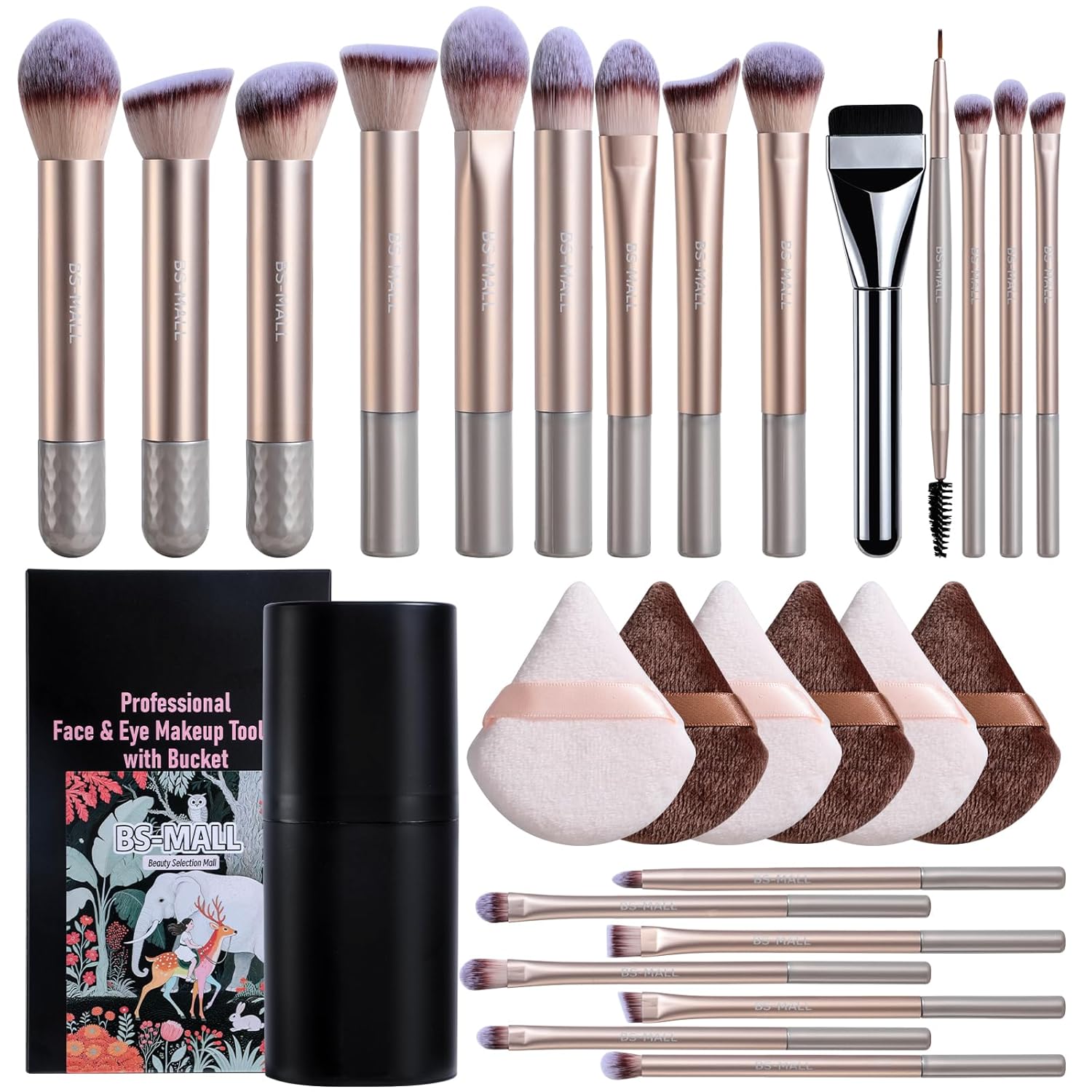 BS-MALL 21 Pcs Professional makeup brush set with foundation brush for liquid Makeup, eyeshadow Brush, concealer brush - Includes 6 Triangle Puffs & case for Even, Multi-purpose application (Golden)