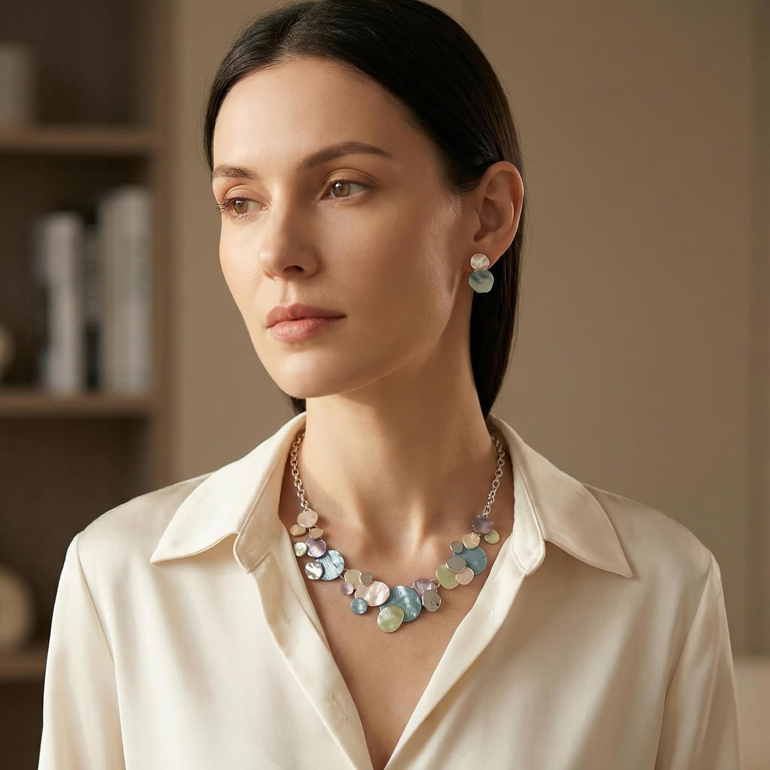 Pastel Round Coin Jewelry Set for Women Minimalist Disc Geometric Chain Link Adjustable Bib Collar Statement Necklace with Dangle Drop Stud Earrings Fashion Trendy Jewellery Pack - Image 2